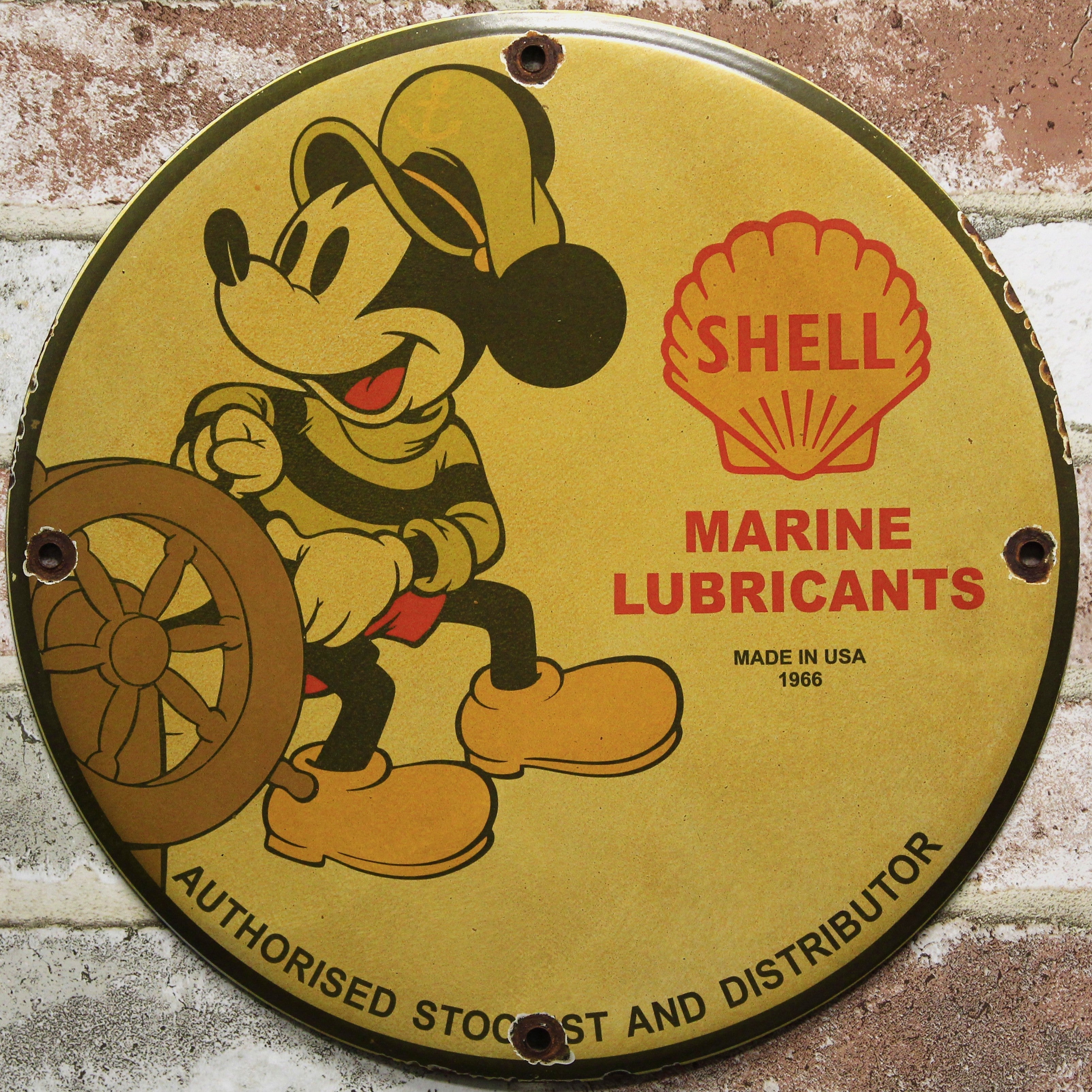 Old Shell Marine Lubricants Mickey Mouse Porcelain Enamel Sign (12in)