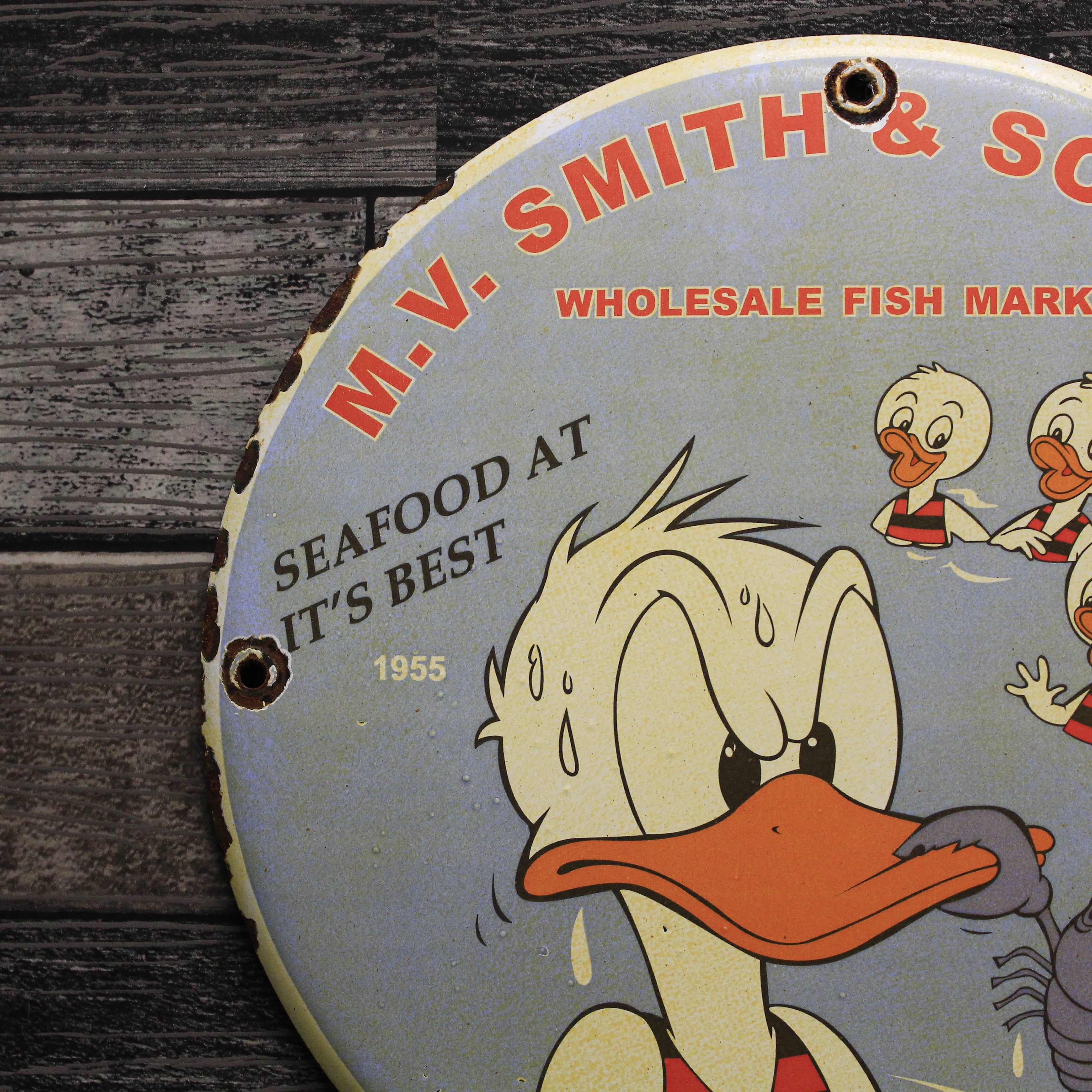 Donald Duck Vintage 1955 Fish Market Porcelain Enamel Sign (12in)