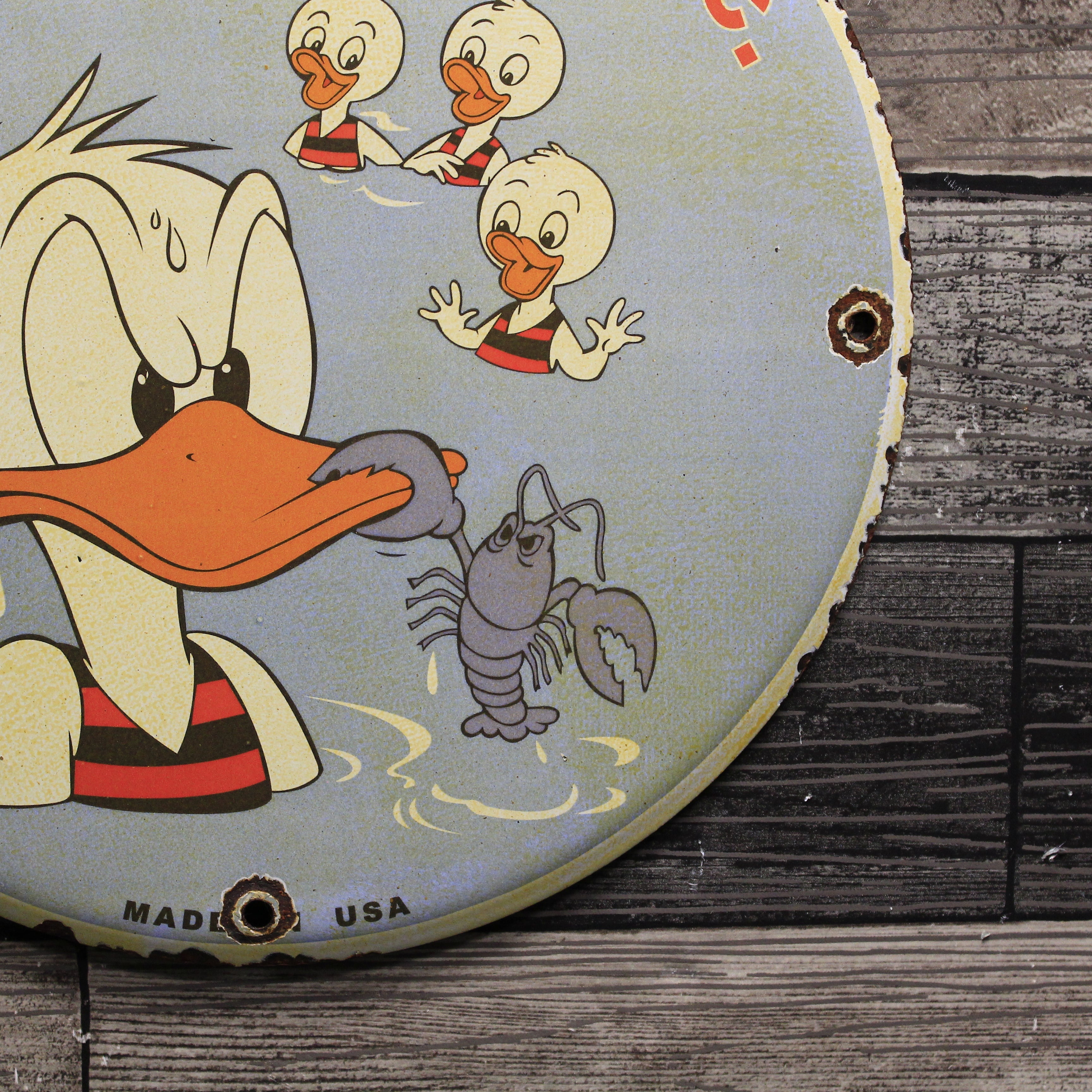 Donald Duck Vintage 1955 Fish Market Porcelain Enamel Sign (12in)