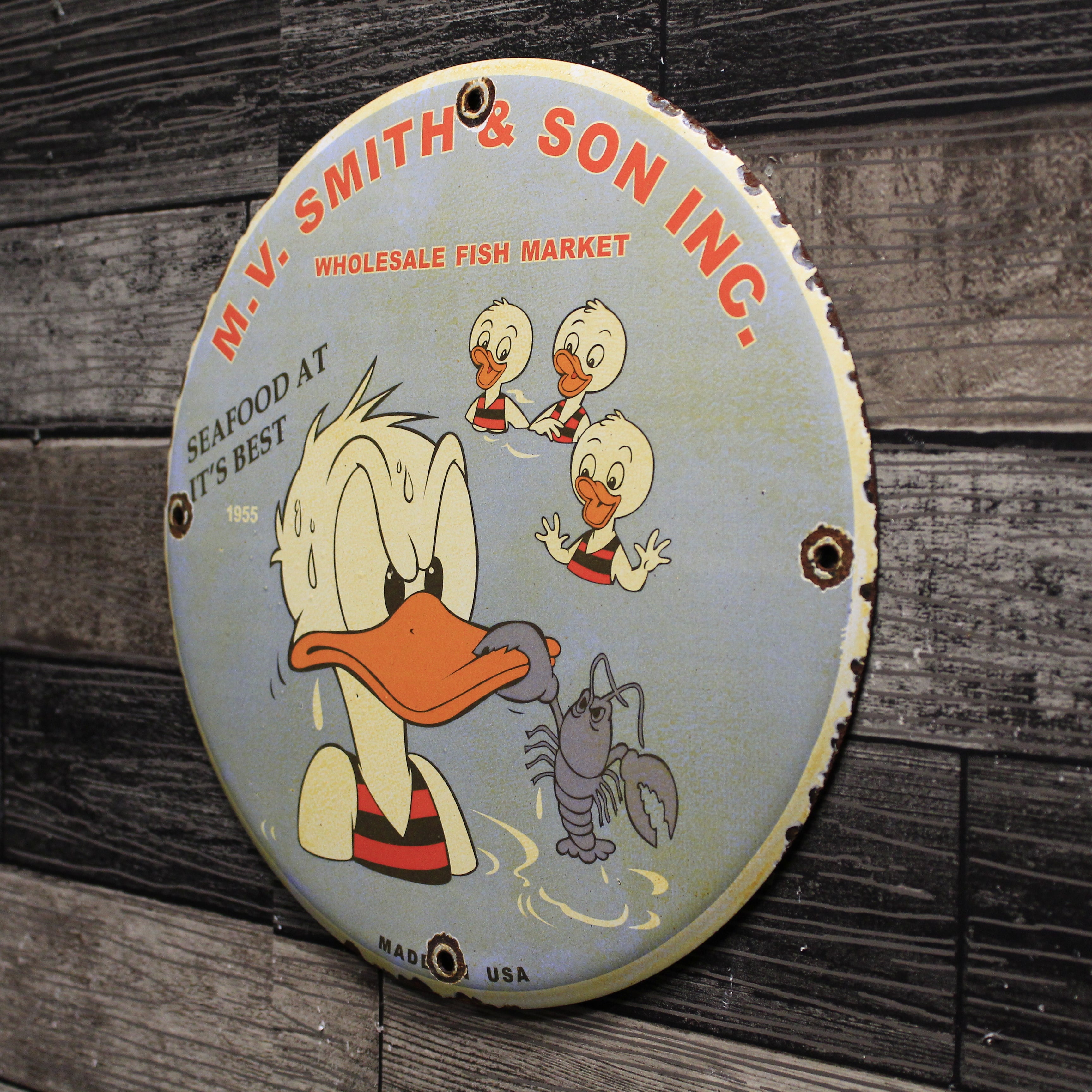 Donald Duck Vintage 1955 Fish Market Porcelain Enamel Sign (12in)