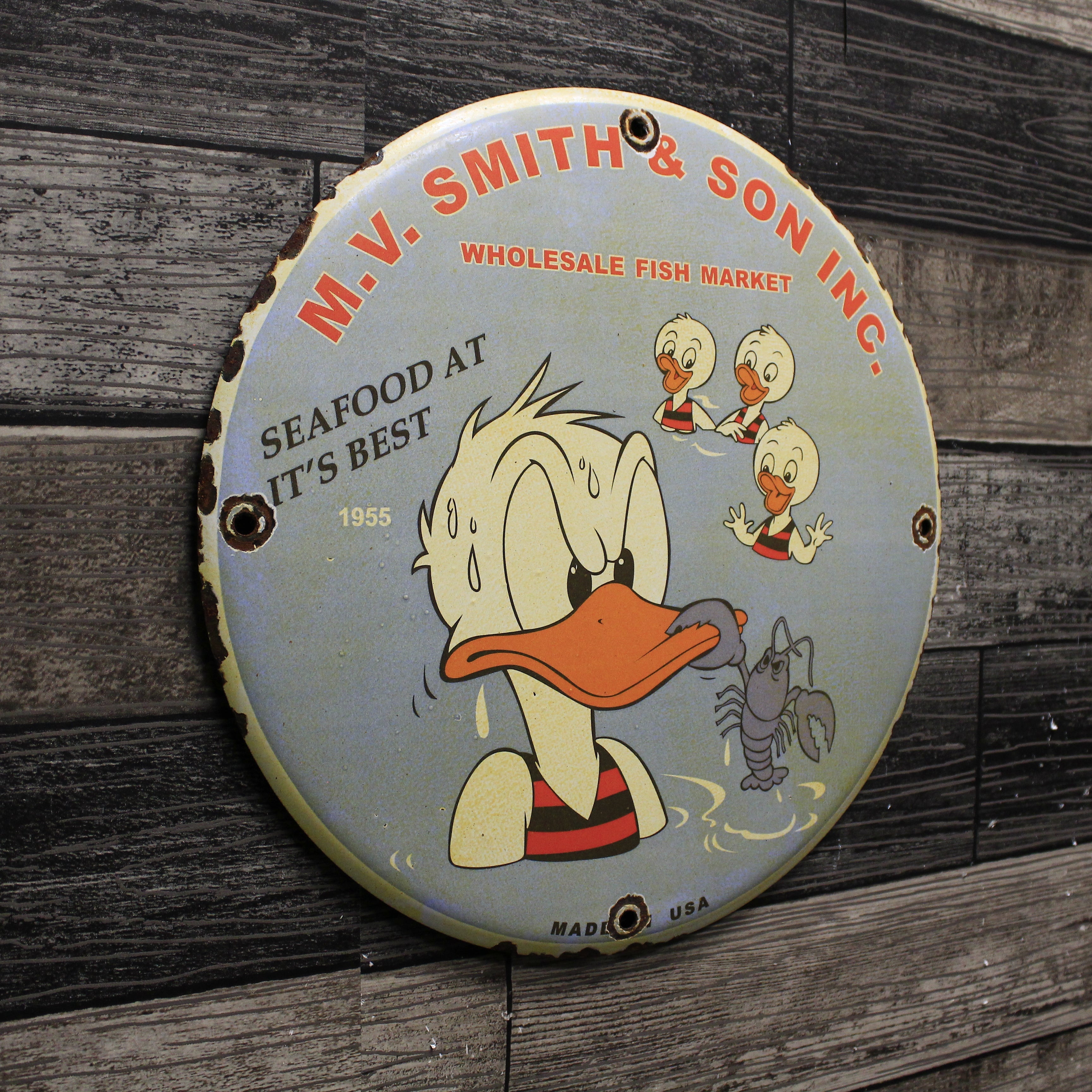 Donald Duck Vintage 1955 Fish Market Porcelain Enamel Sign (12in)