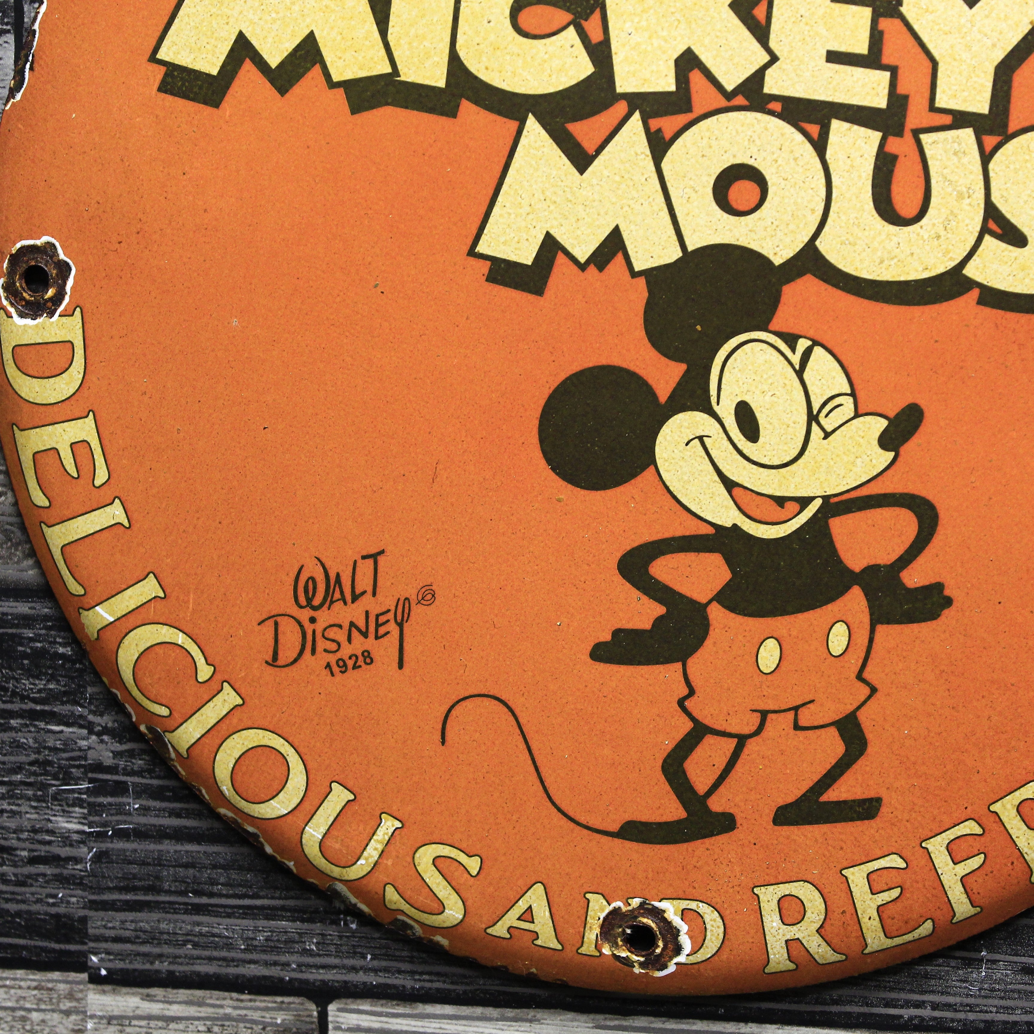 Coca-Cola with Mickey Mouse Old Coke Porcelain Enamel Sign (12in)