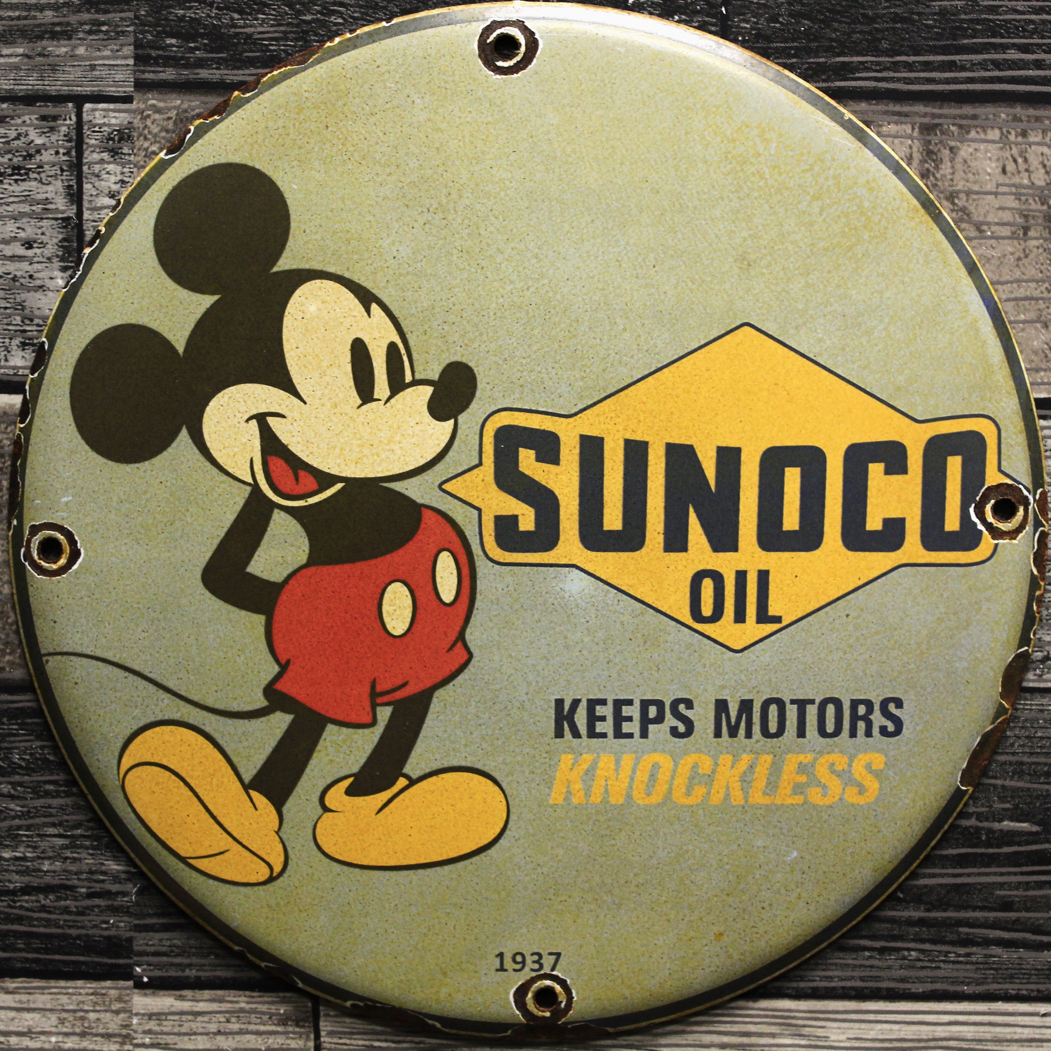 Sunoco Motor Oil Mickey Porcelain Enamel Sign (12in)