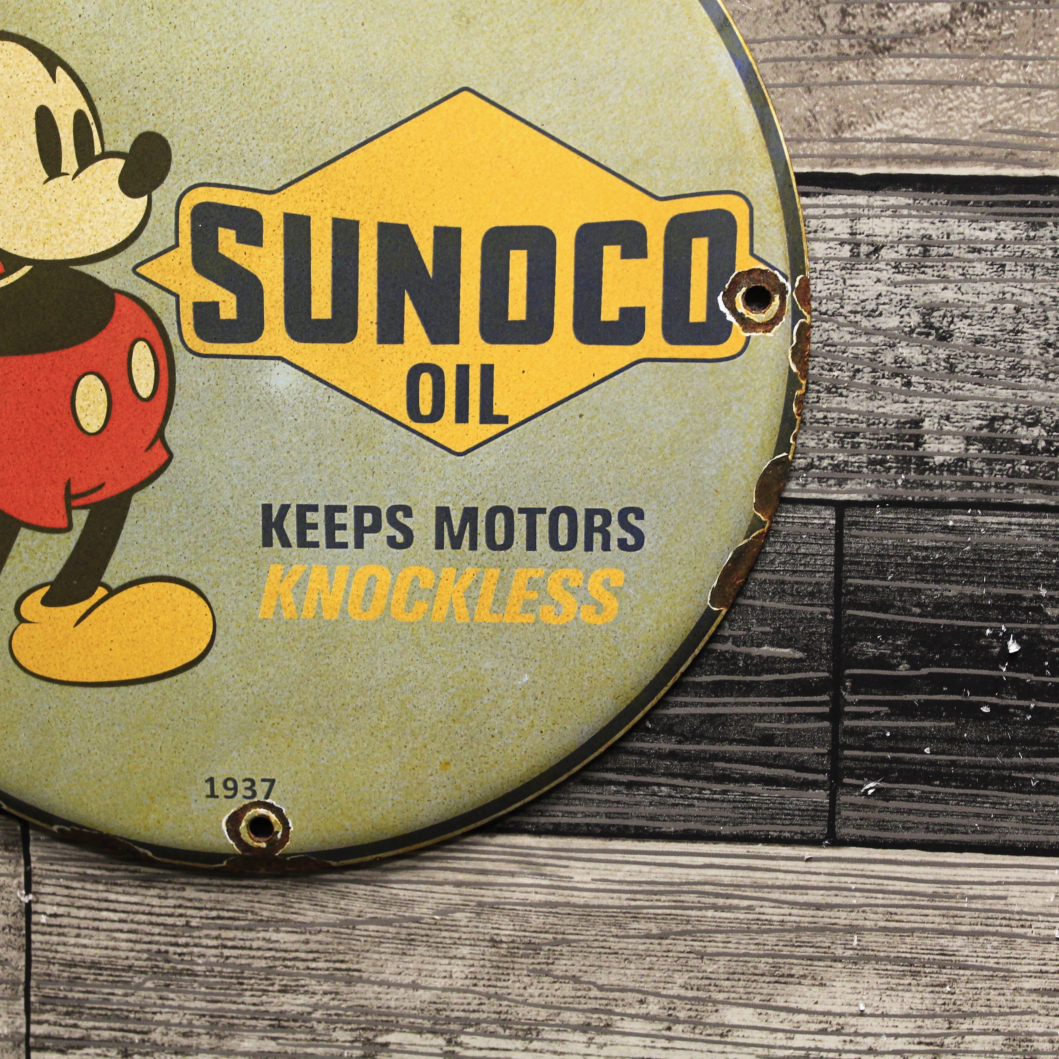 Sunoco Motor Oil Mickey Porcelain Enamel Sign (12in)