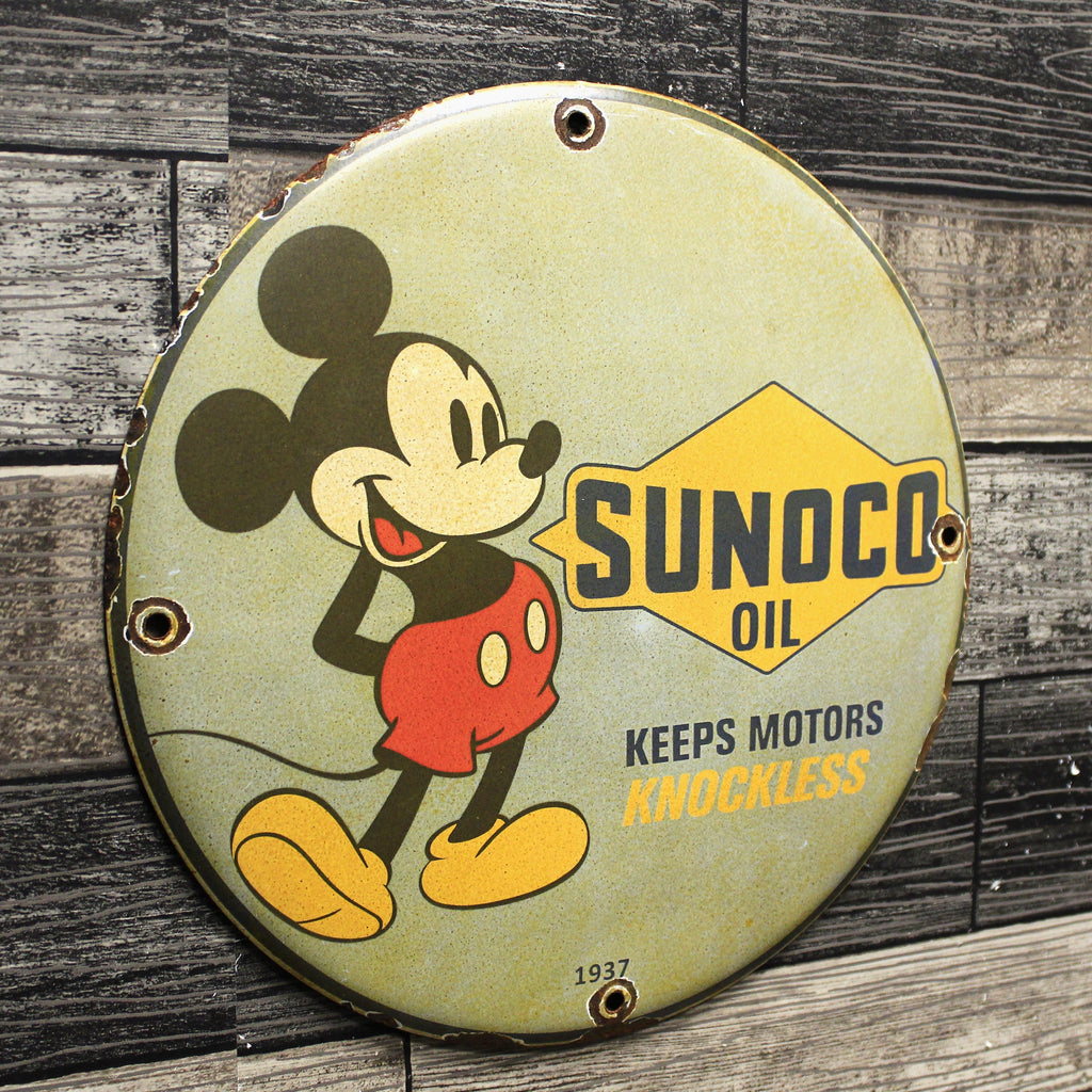 Sunoco Motor Oil Mickey Porcelain Enamel Sign (12in)