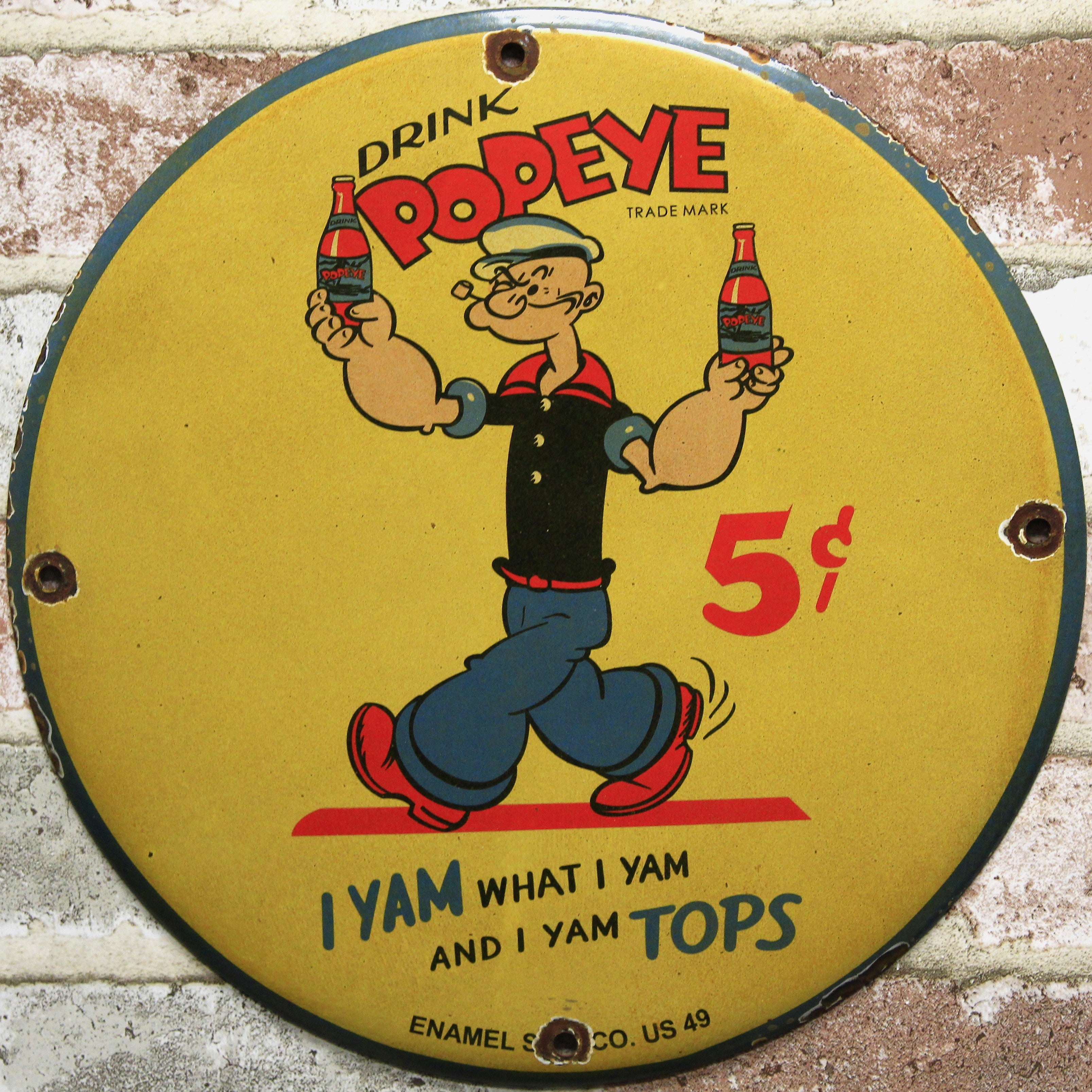 Drink Popeye Vintage Tops Enamel Sign Co Porcelain Sign (12in)