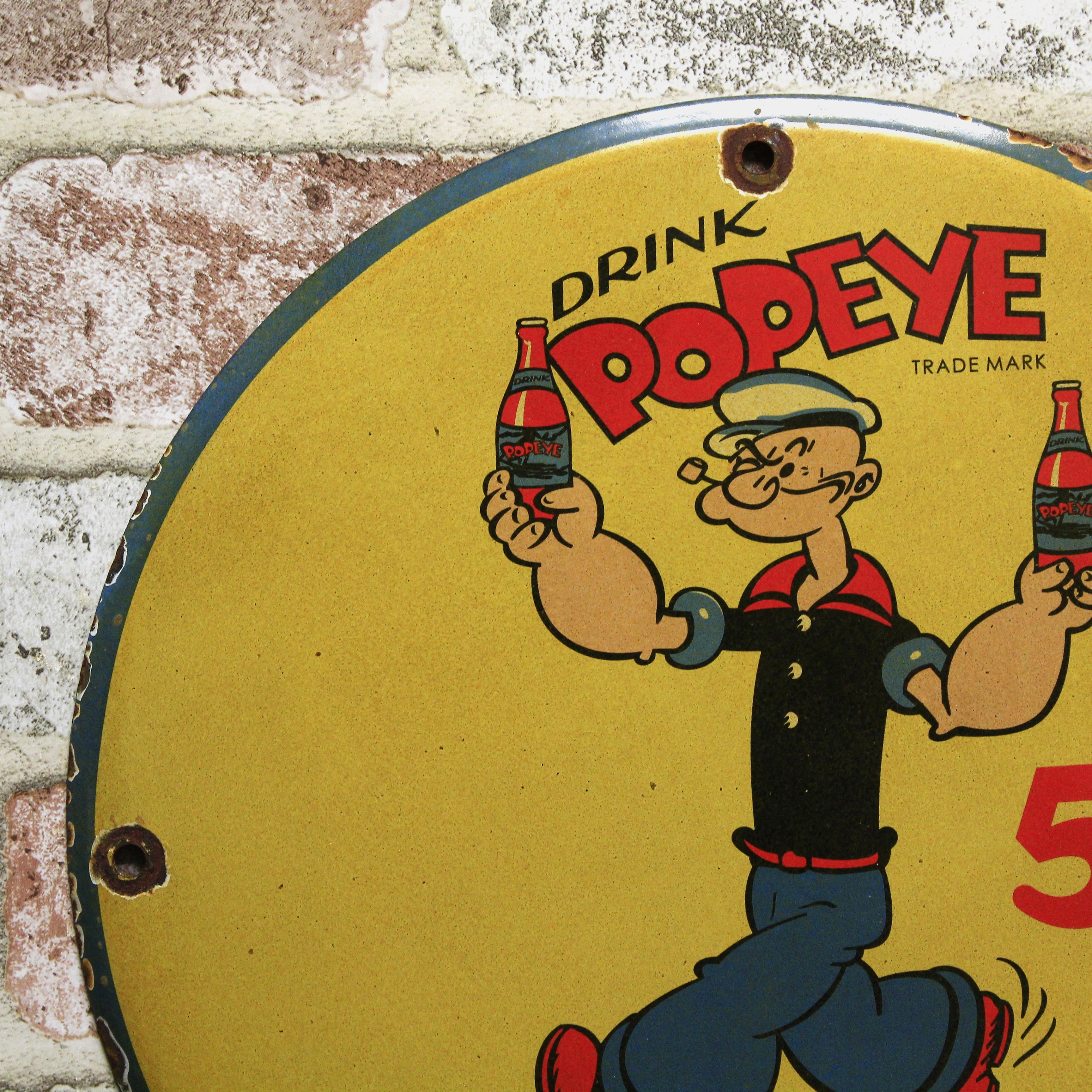 Drink Popeye Vintage Tops Enamel Sign Co Porcelain Sign (12in)