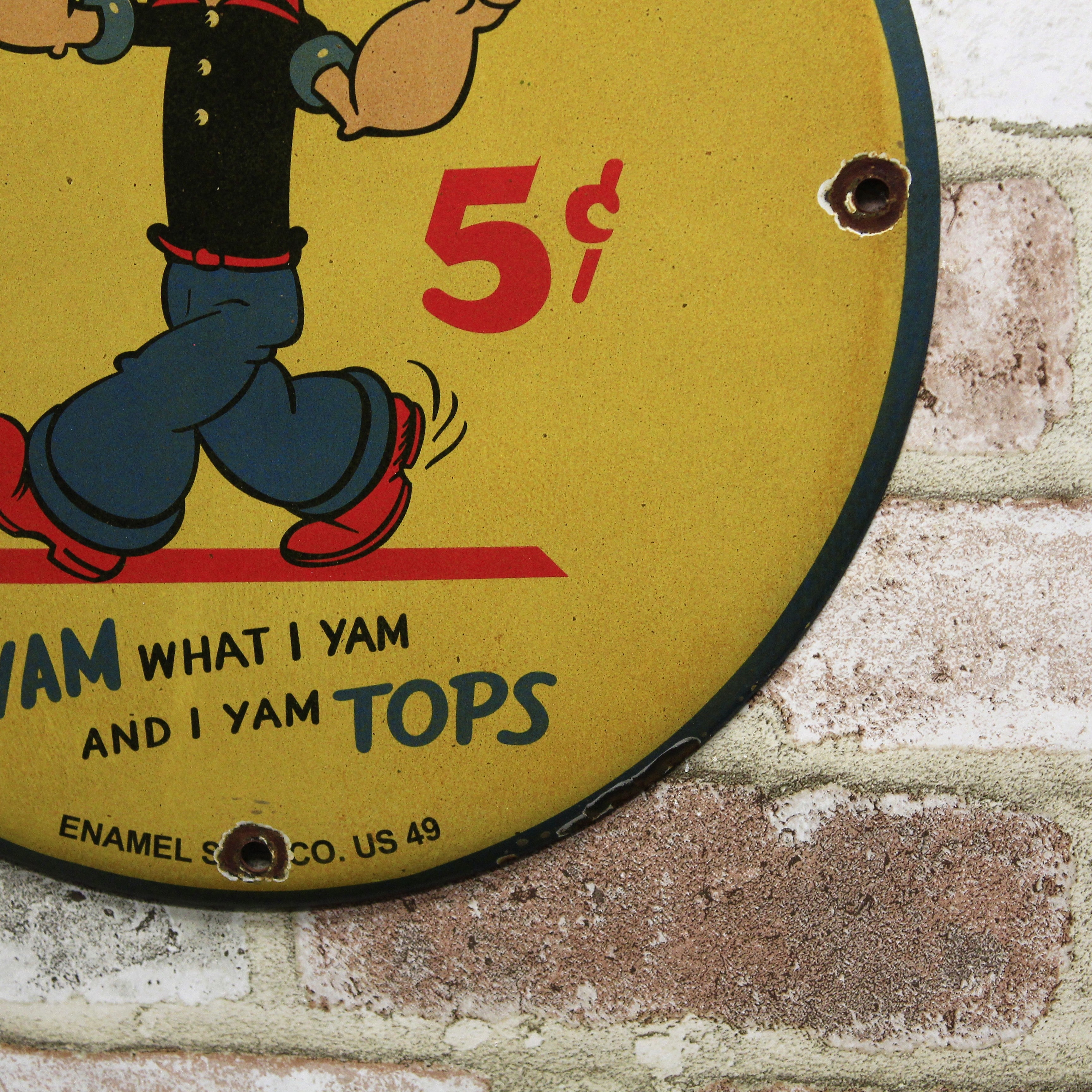 Drink Popeye Vintage Tops Enamel Sign Co Porcelain Sign (12in)
