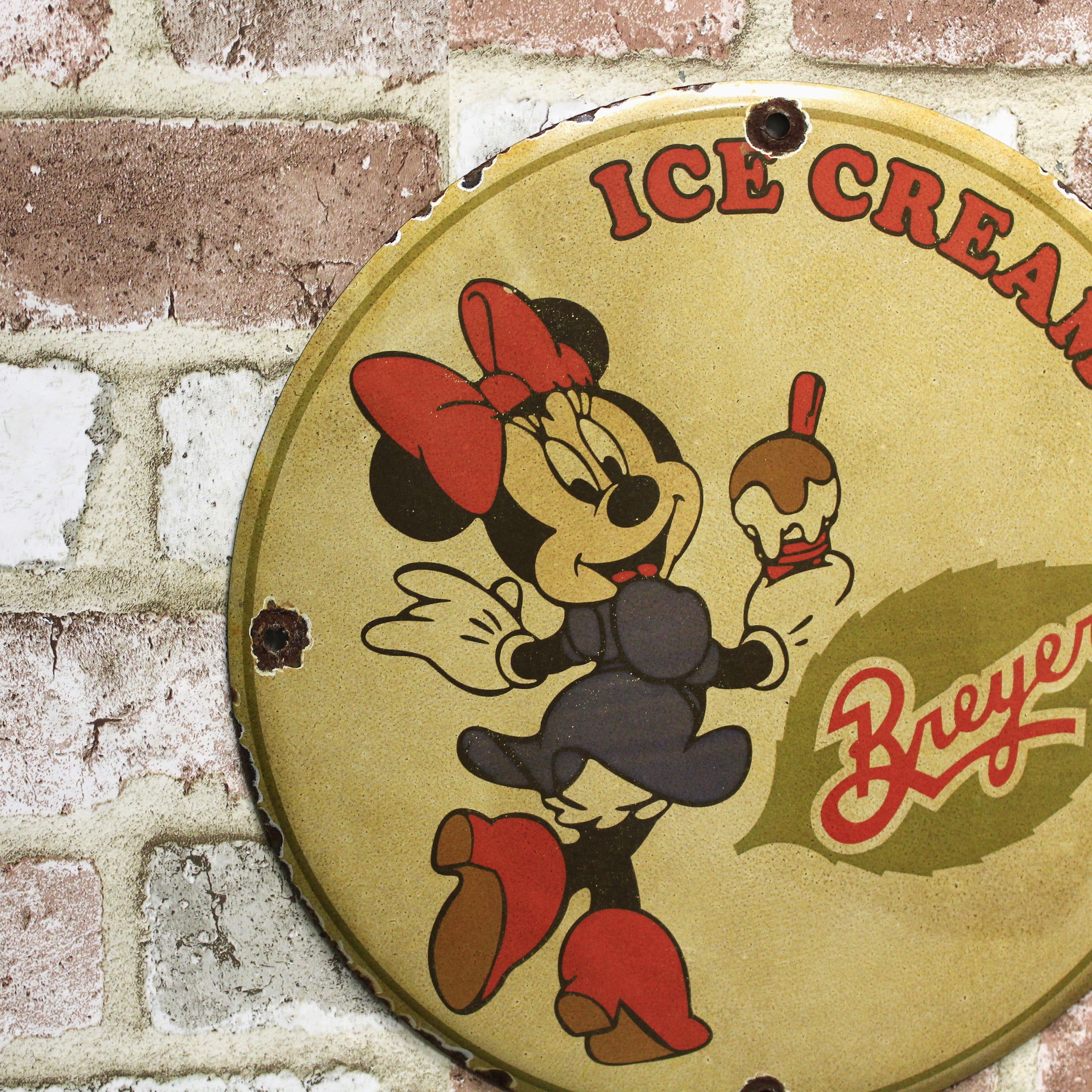Breyers Ice Cream Minnie Mouse Disneyana Porcelain Enamel Sign (12in)