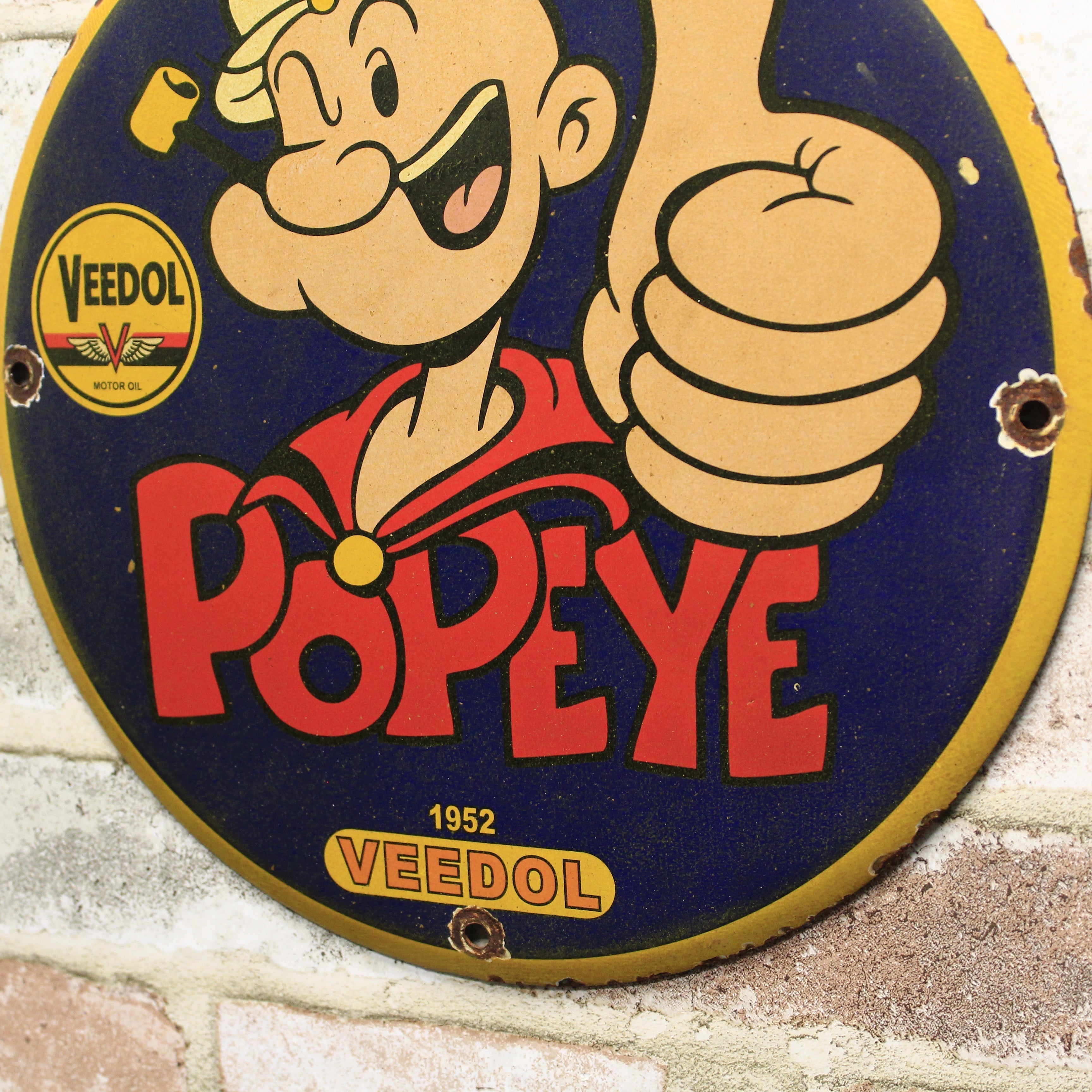 Veedol Motor Oil Popeye Approved 1952 Porcelain Enamel Sign (12in)