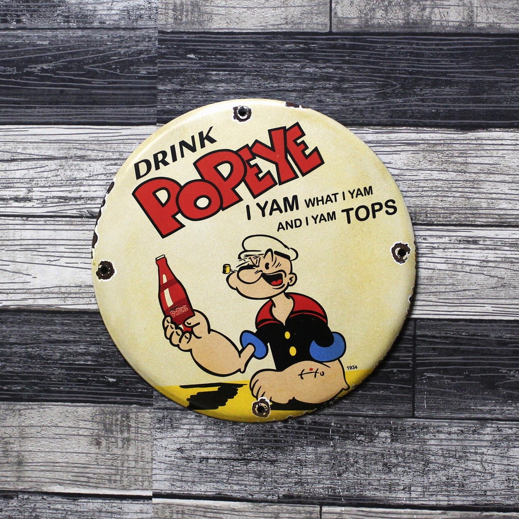 Drink Popeye Vintage Tops Porcelain Enamel Sign (12in)