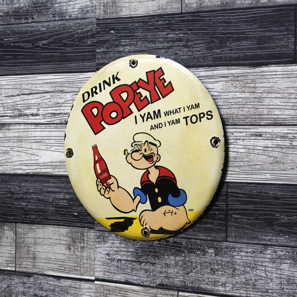 Drink Popeye Vintage Tops Porcelain Enamel Sign (12in)