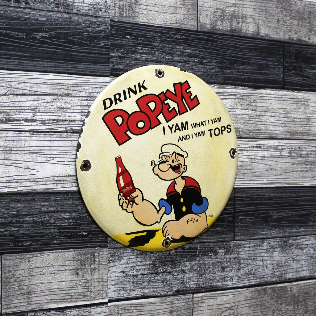 Drink Popeye Vintage Tops Porcelain Enamel Sign (12in)