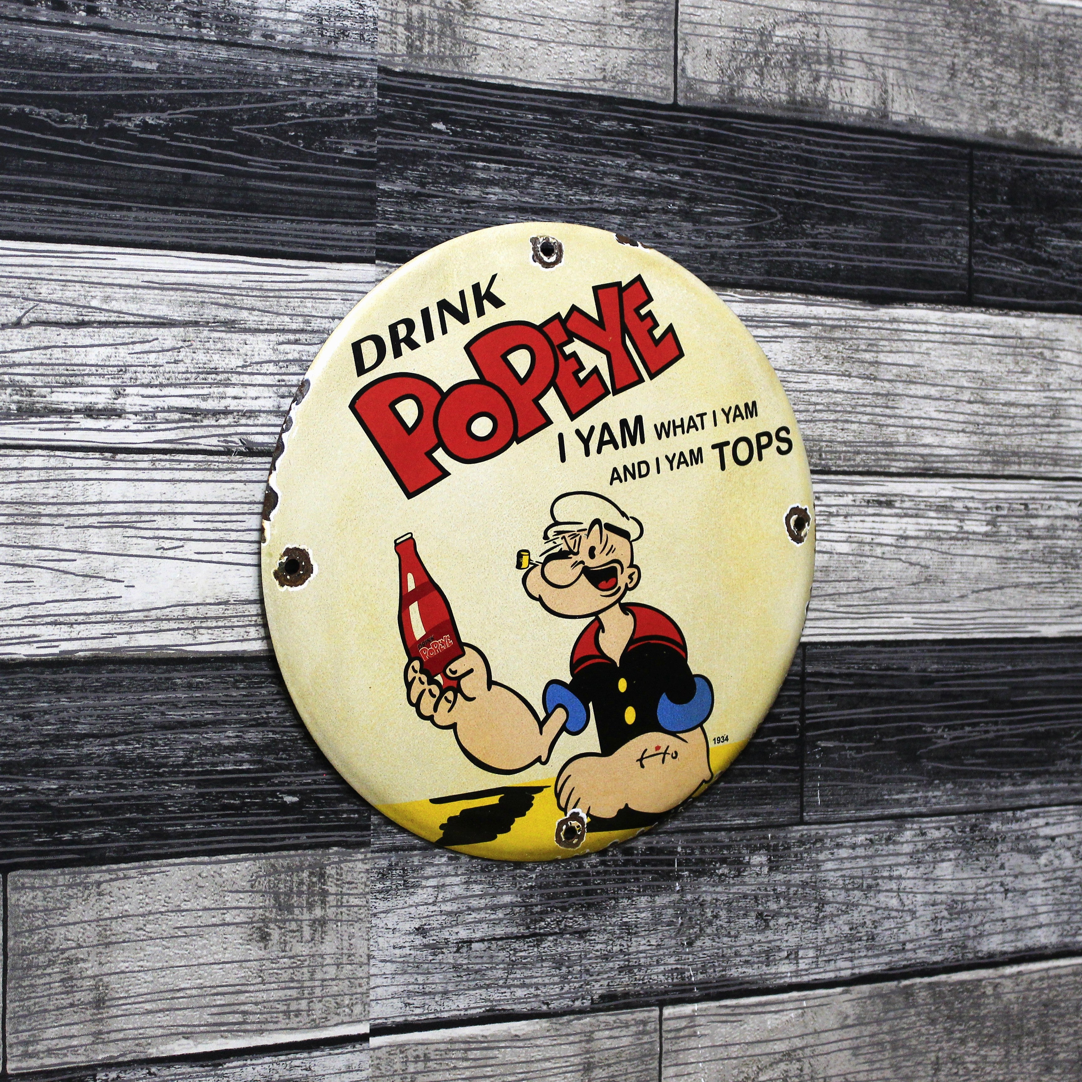 Drink Popeye Vintage Tops Porcelain Enamel Sign (12in)
