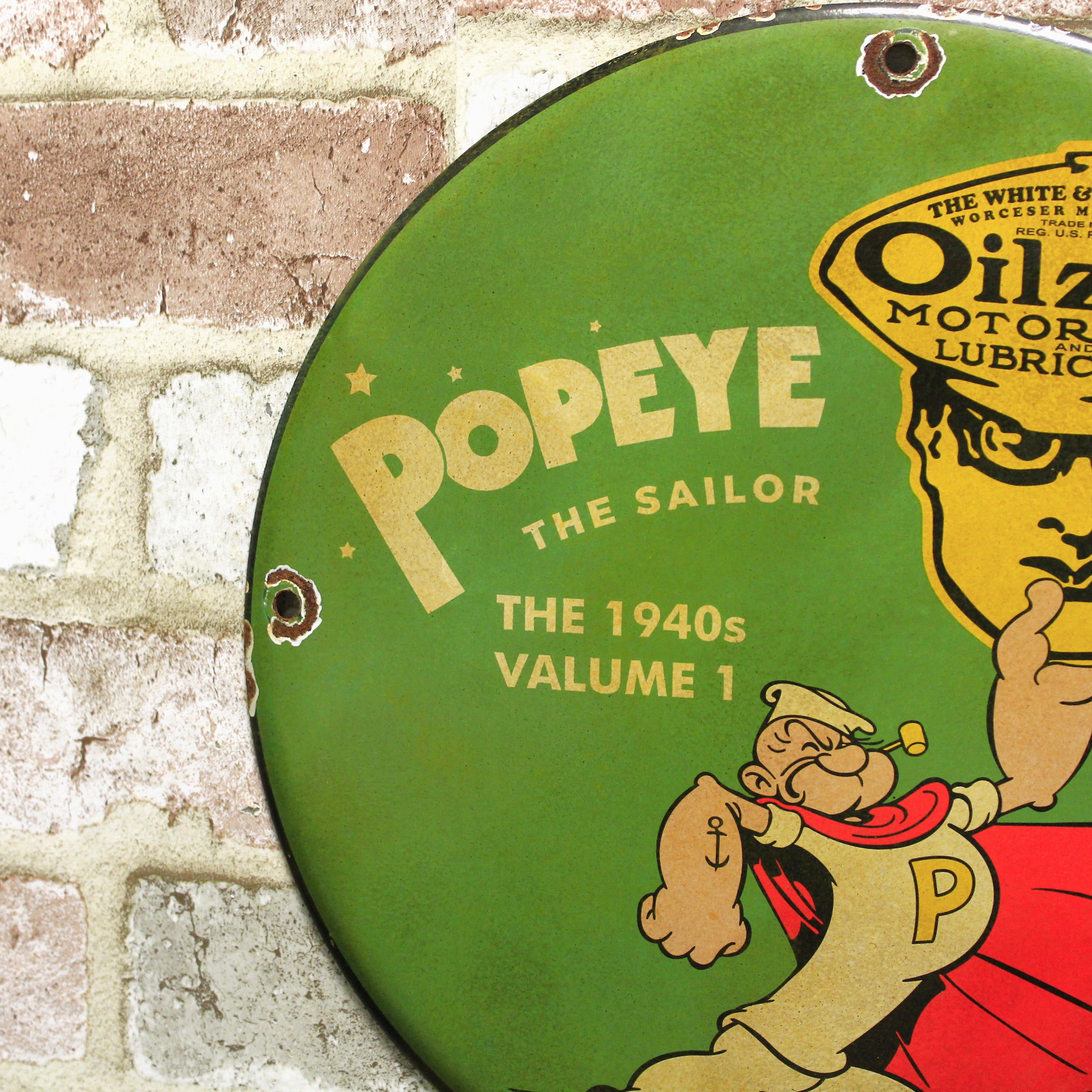 Oilzum Motor Oil Popeye The Sailor Vintage Porcelain Enamel Sign (12in)
