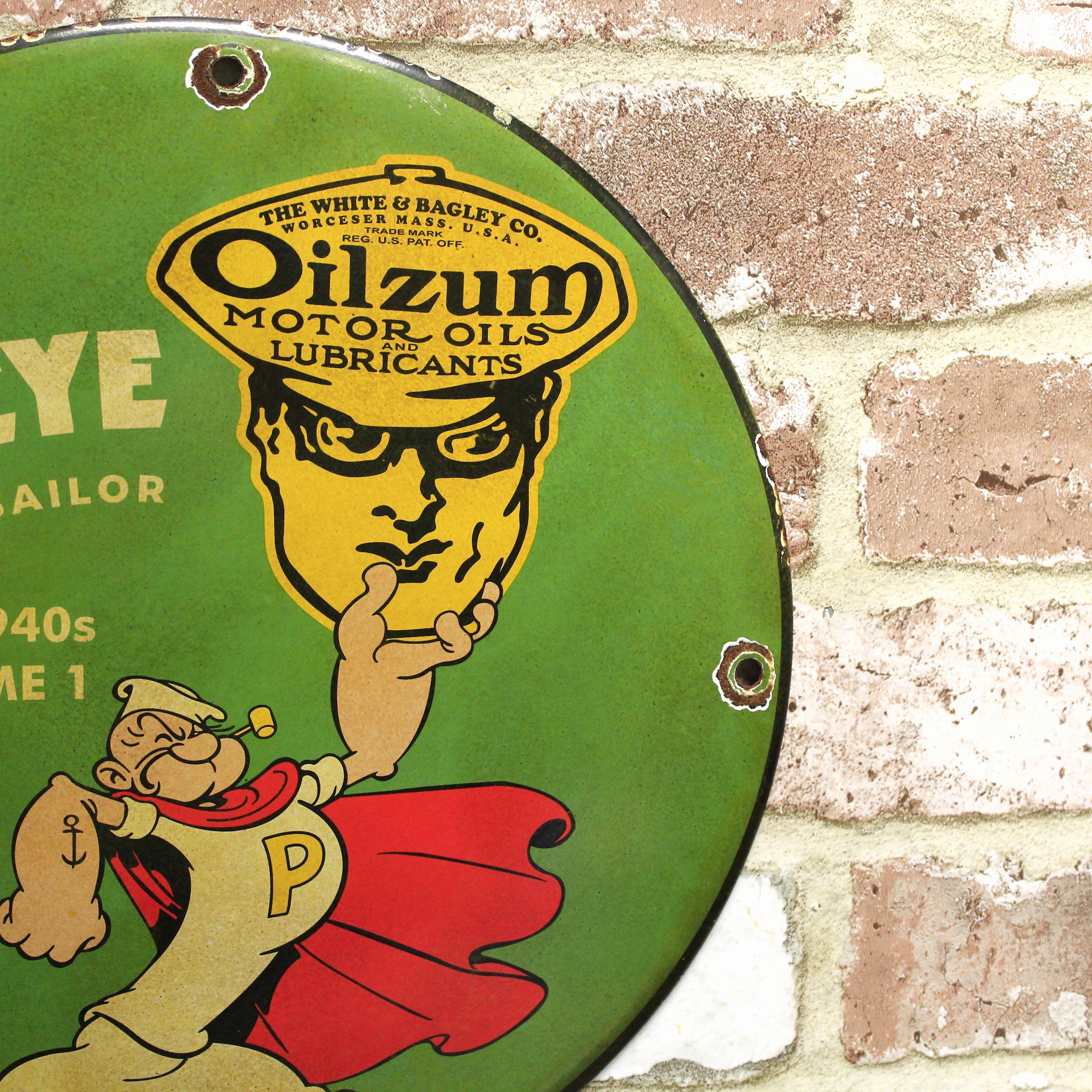 Oilzum Motor Oil Popeye The Sailor Vintage Porcelain Enamel Sign (12in)
