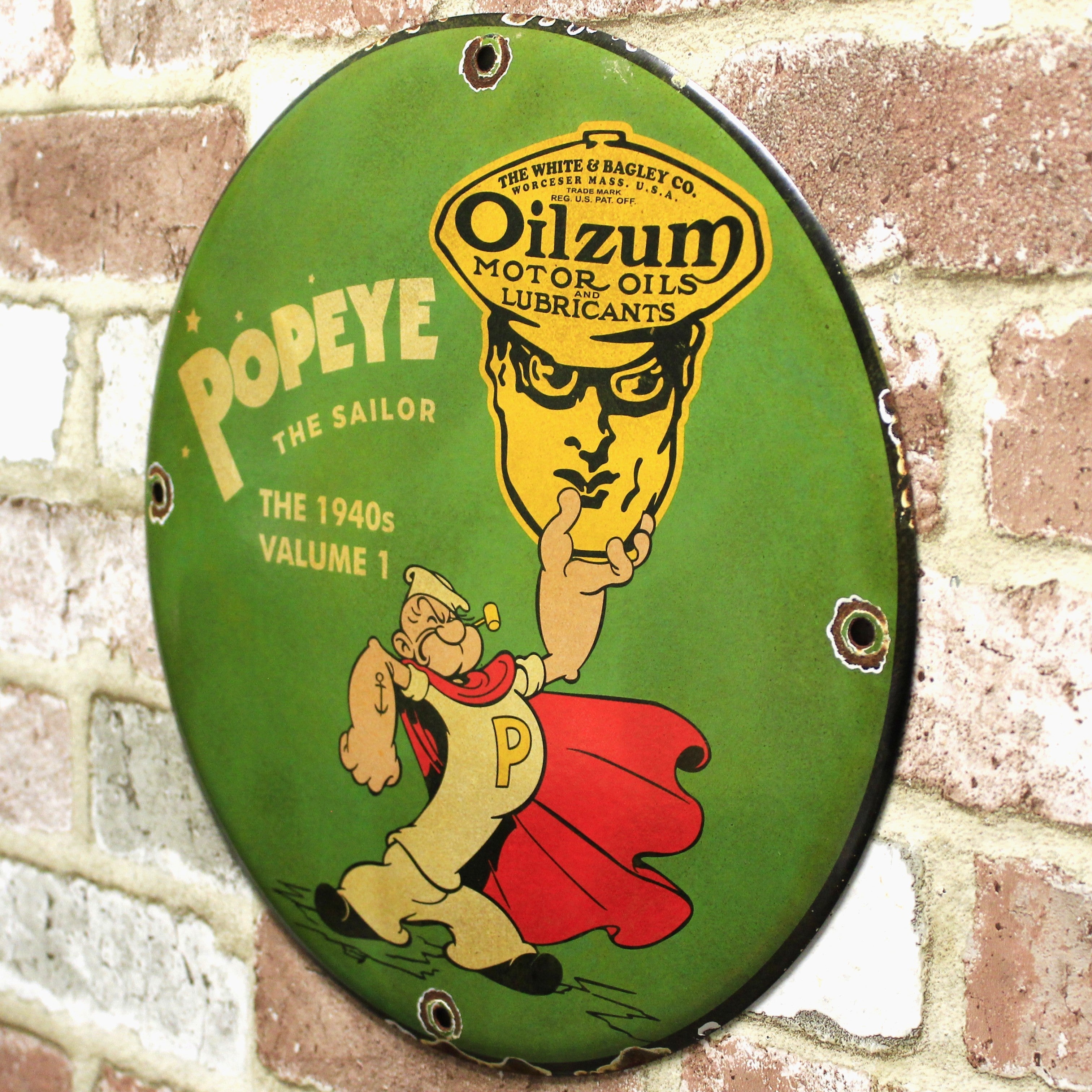 Oilzum Motor Oil Popeye The Sailor Vintage Porcelain Enamel Sign (12in)