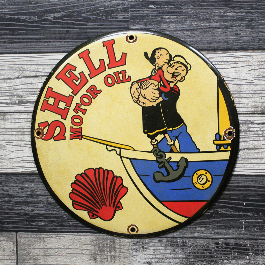 Shell Motor Oil with Popeye & Olive Porcelain Enamel Sign (12in)