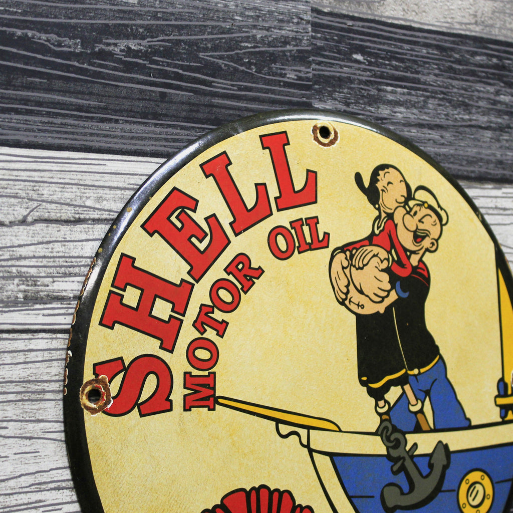 Shell Motor Oil with Popeye & Olive Porcelain Enamel Sign (12in)