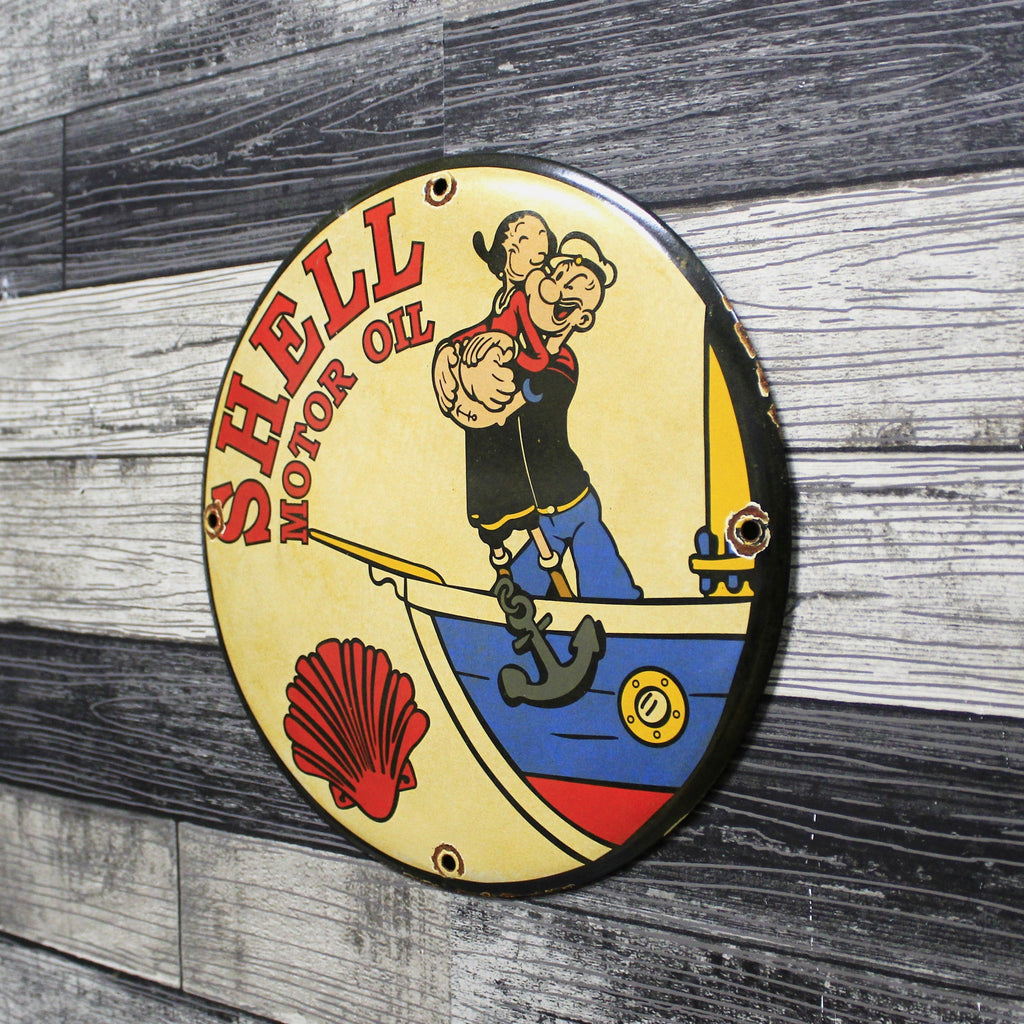 Shell Motor Oil with Popeye & Olive Porcelain Enamel Sign (12in)