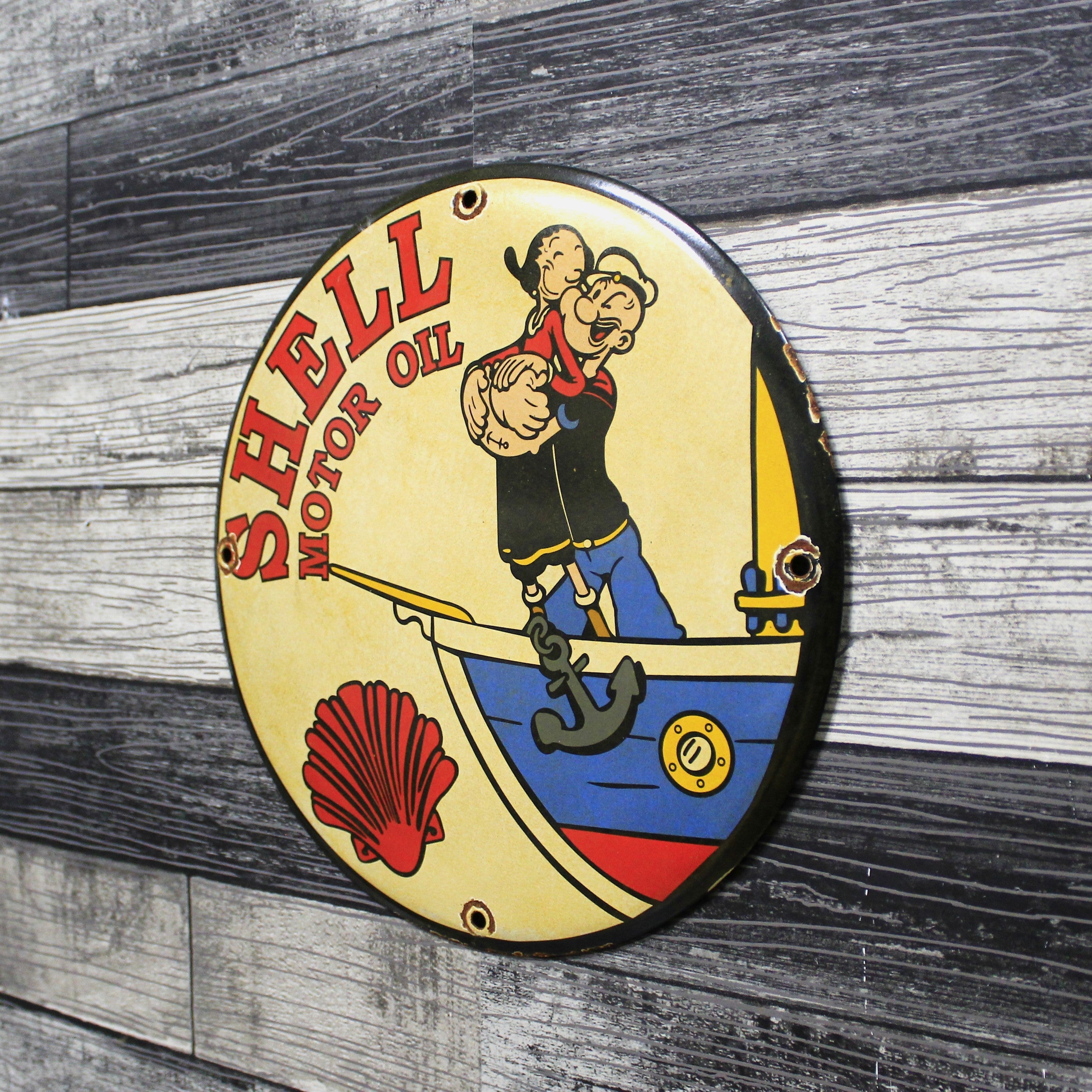 Shell Motor Oil with Popeye & Olive Porcelain Enamel Sign (12in)