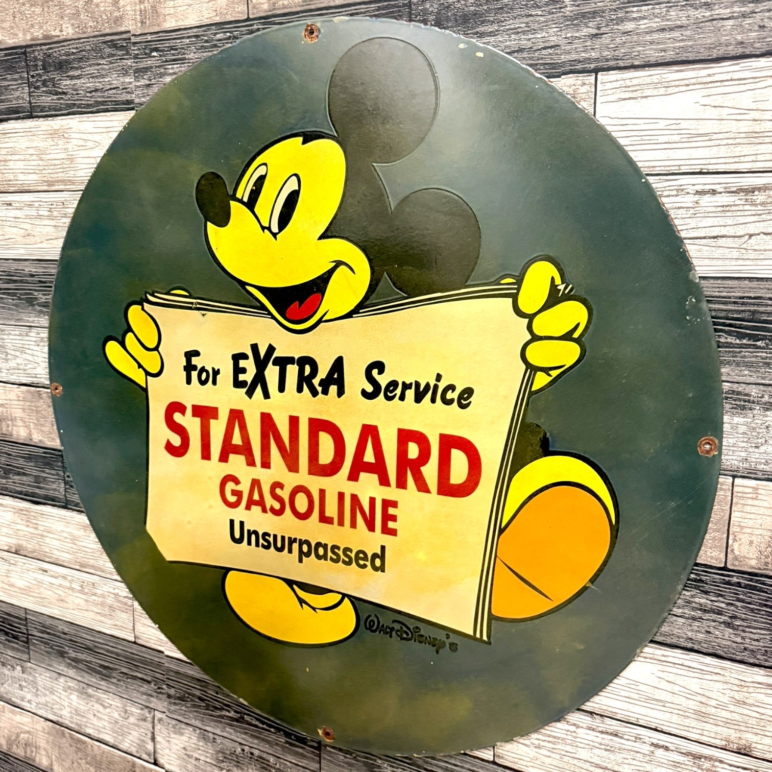For Extra Service Standard Gasoline Mickey Mouse Porcelain Sign