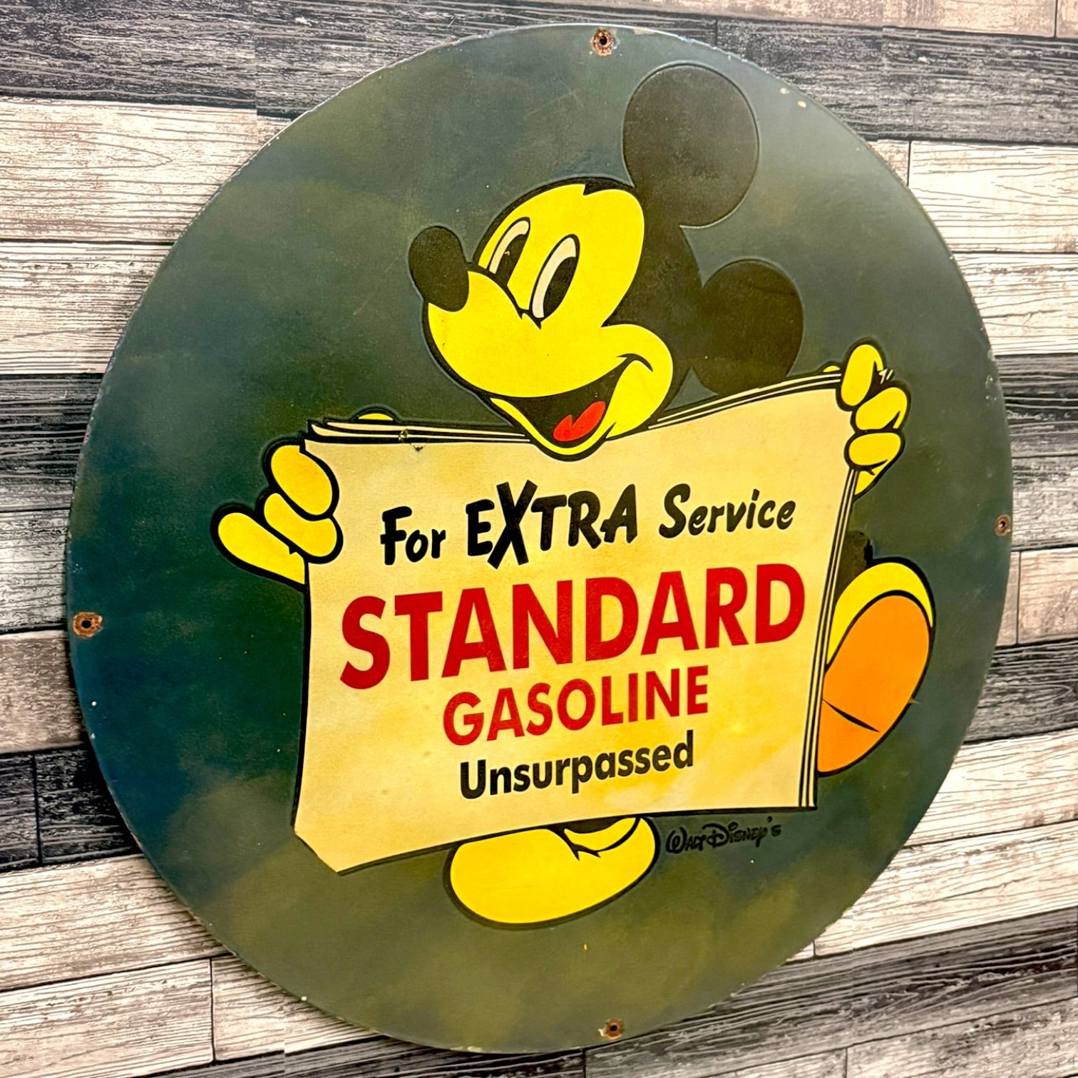 For Extra Service Standard Gasoline Mickey Mouse Porcelain Sign