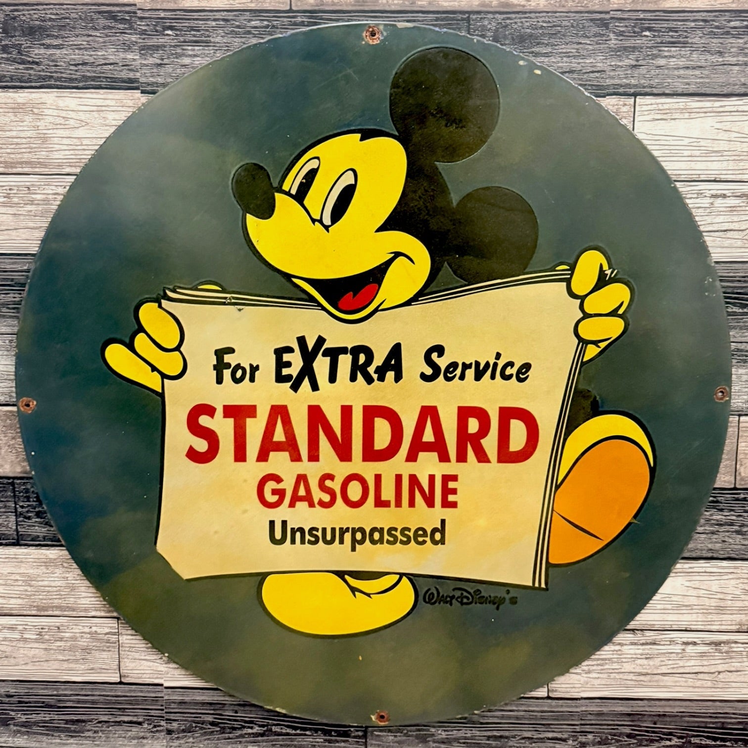For Extra Service Standard Gasoline Mickey Mouse Porcelain Sign
