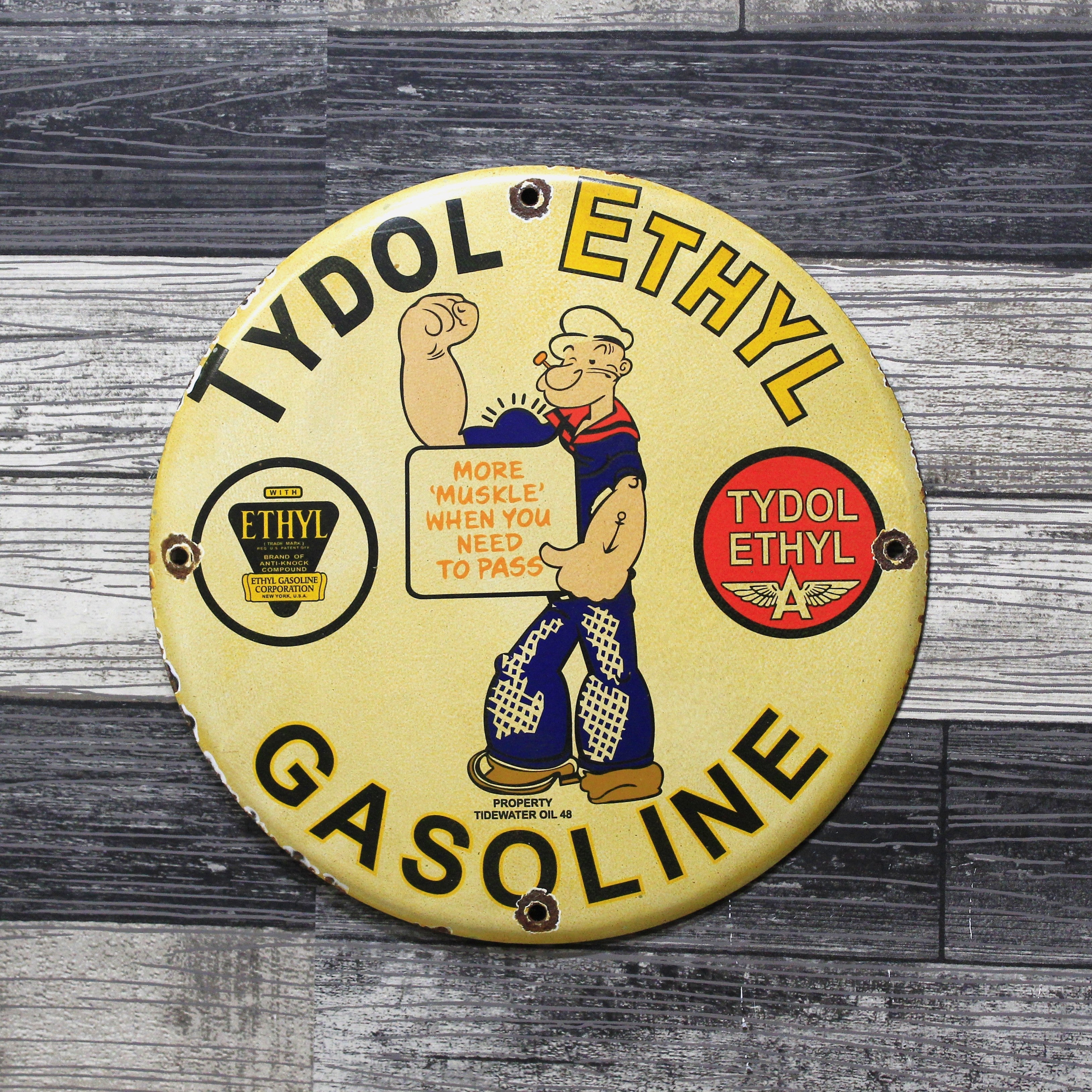 Popeye Tydol Ethyl Gasoline Porcelain Enamel Sign (12in)