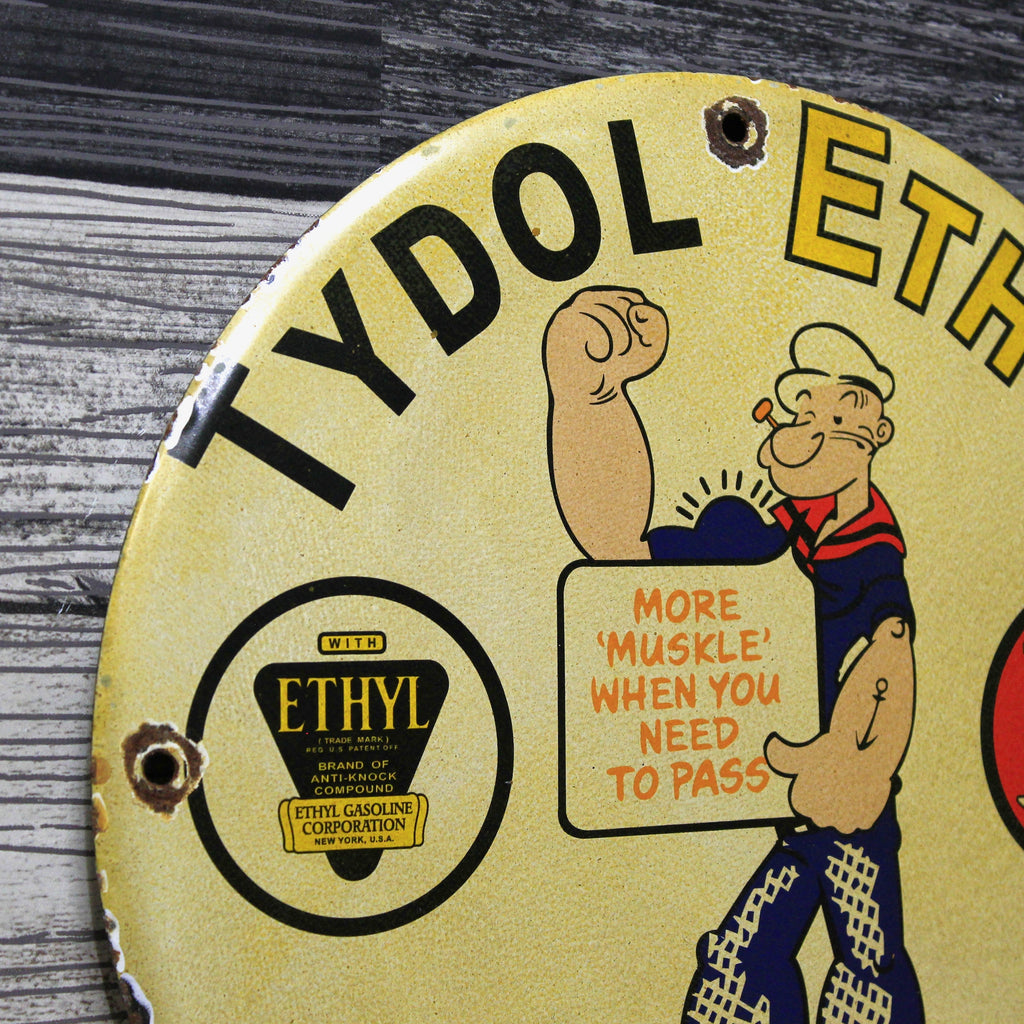 Popeye Tydol Ethyl Gasoline Porcelain Enamel Sign (12in)