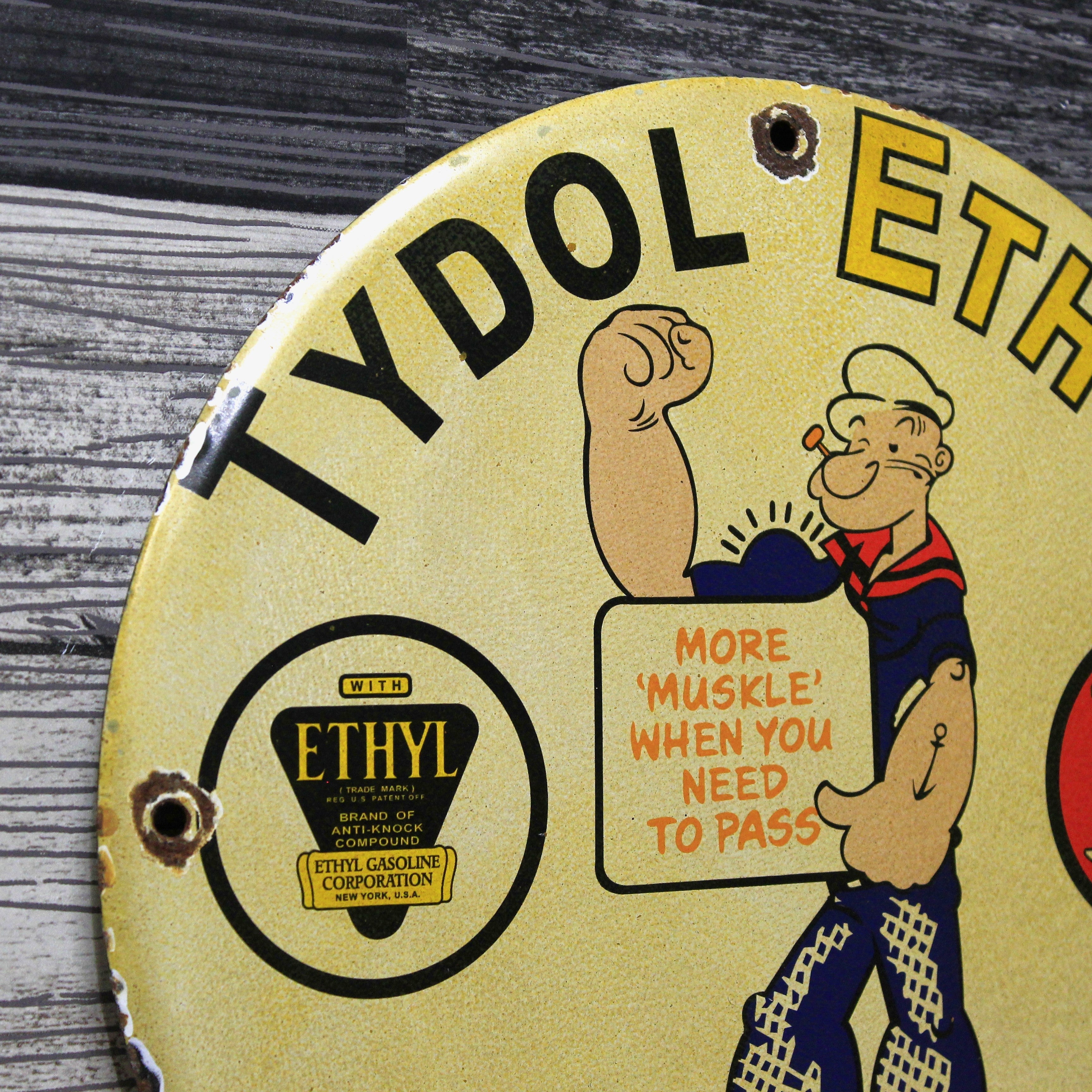 Popeye Tydol Ethyl Gasoline Porcelain Enamel Sign (12in)
