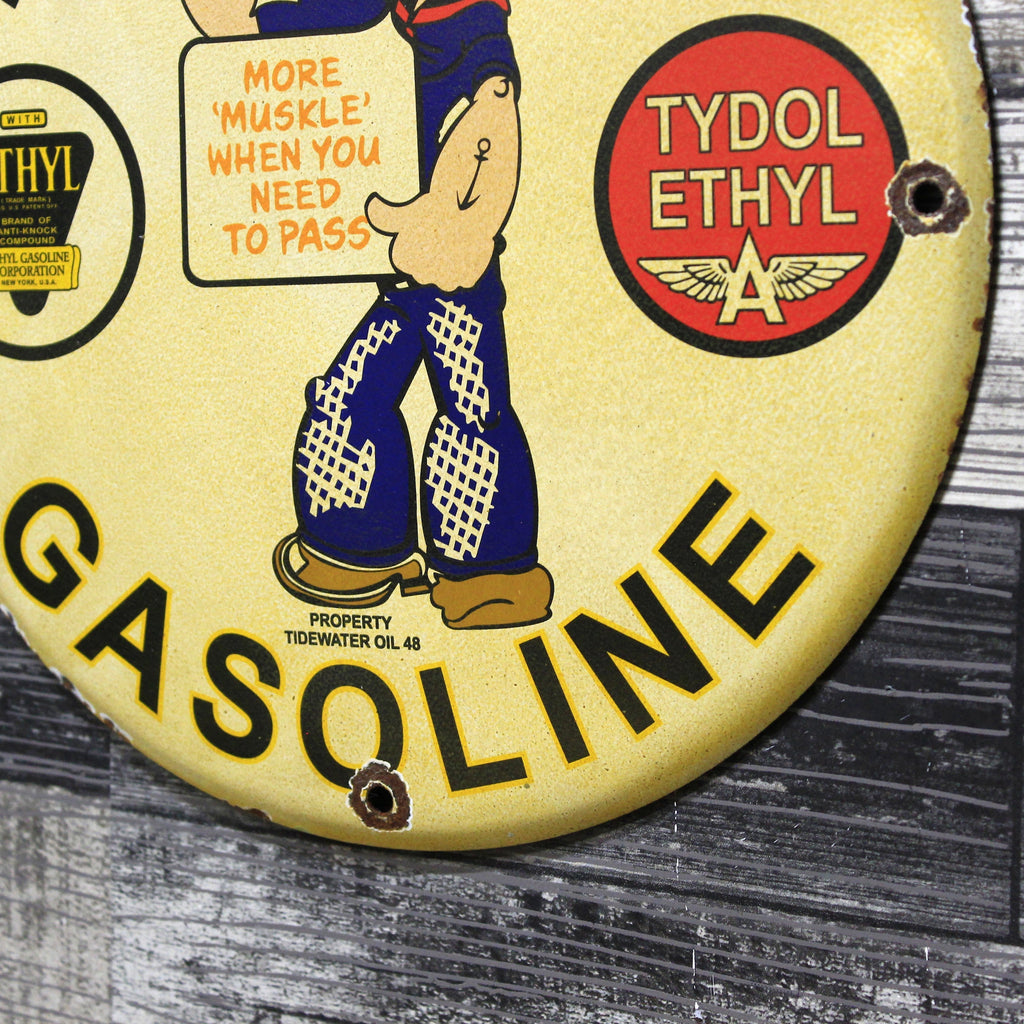 Popeye Tydol Ethyl Gasoline Porcelain Enamel Sign (12in)