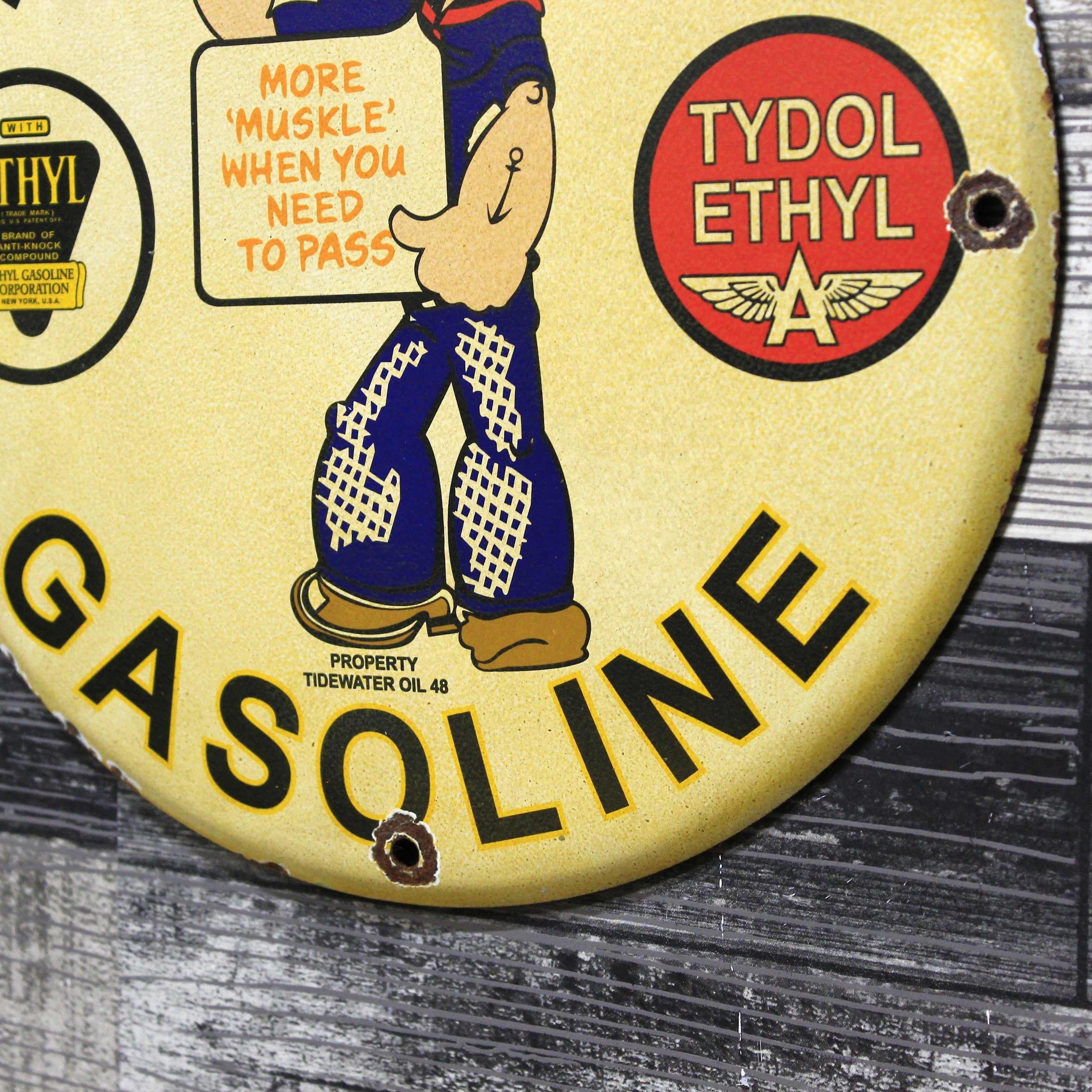 Popeye Tydol Ethyl Gasoline Porcelain Enamel Sign (12in)