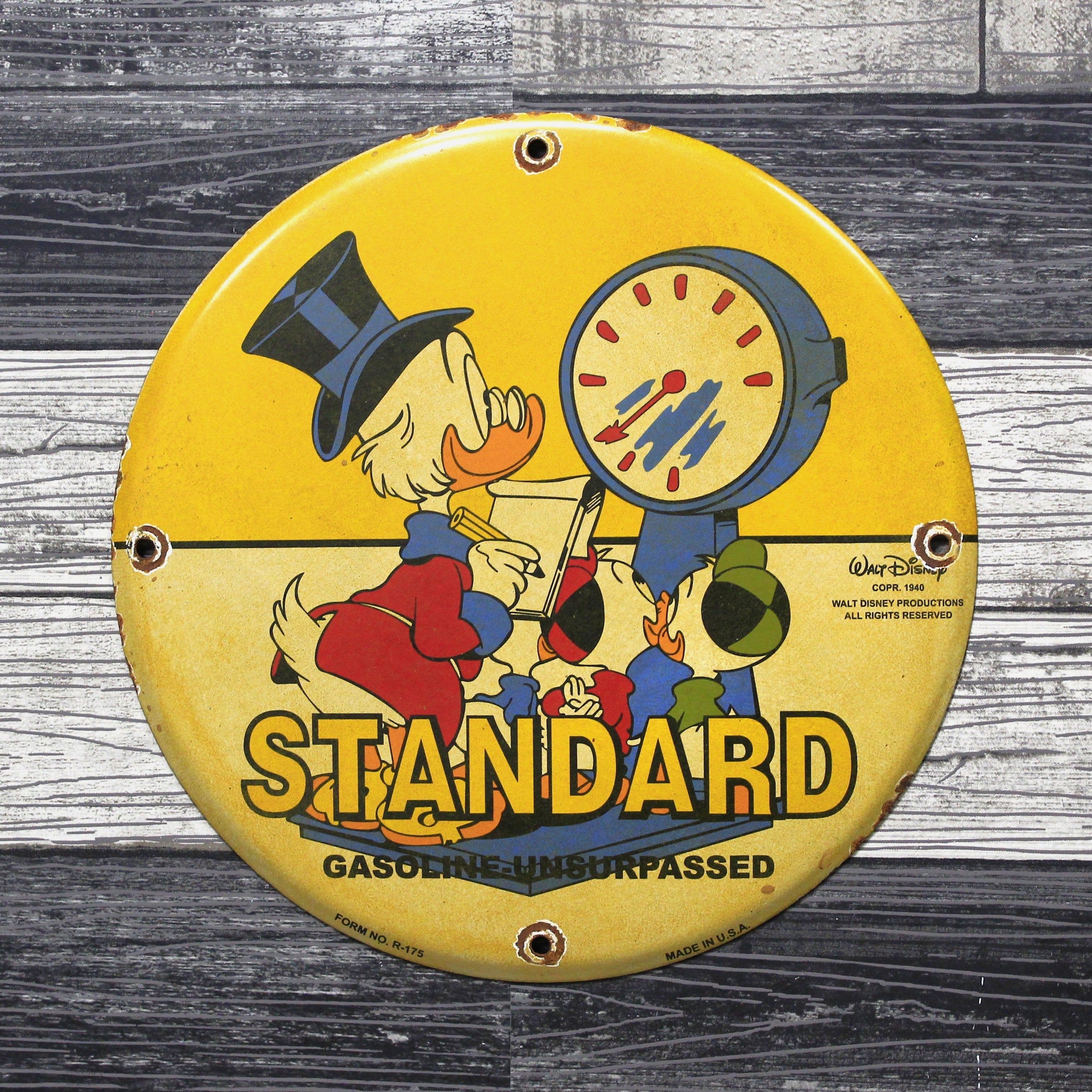 Standard Gas with Scrooge Vintage Disney Porcelain Enamel Sign (12in)