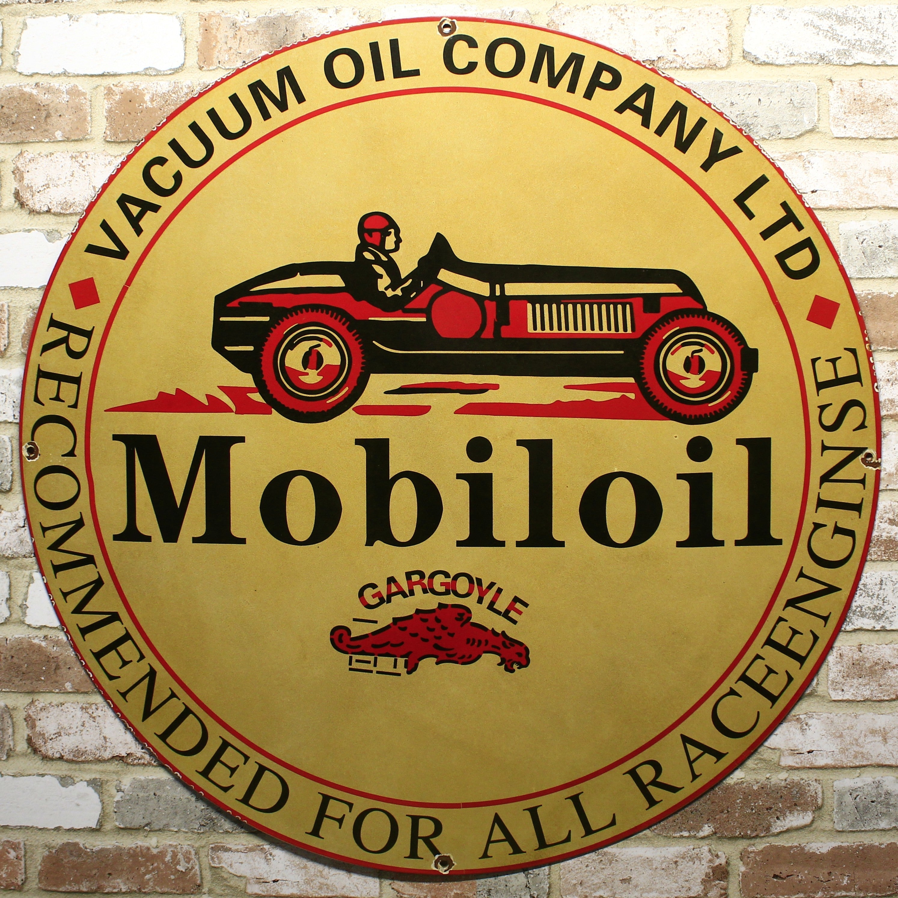 Gargoyle Mobiloil Race Engines Large Porcelain Enamel Sign | Large 30-Inch