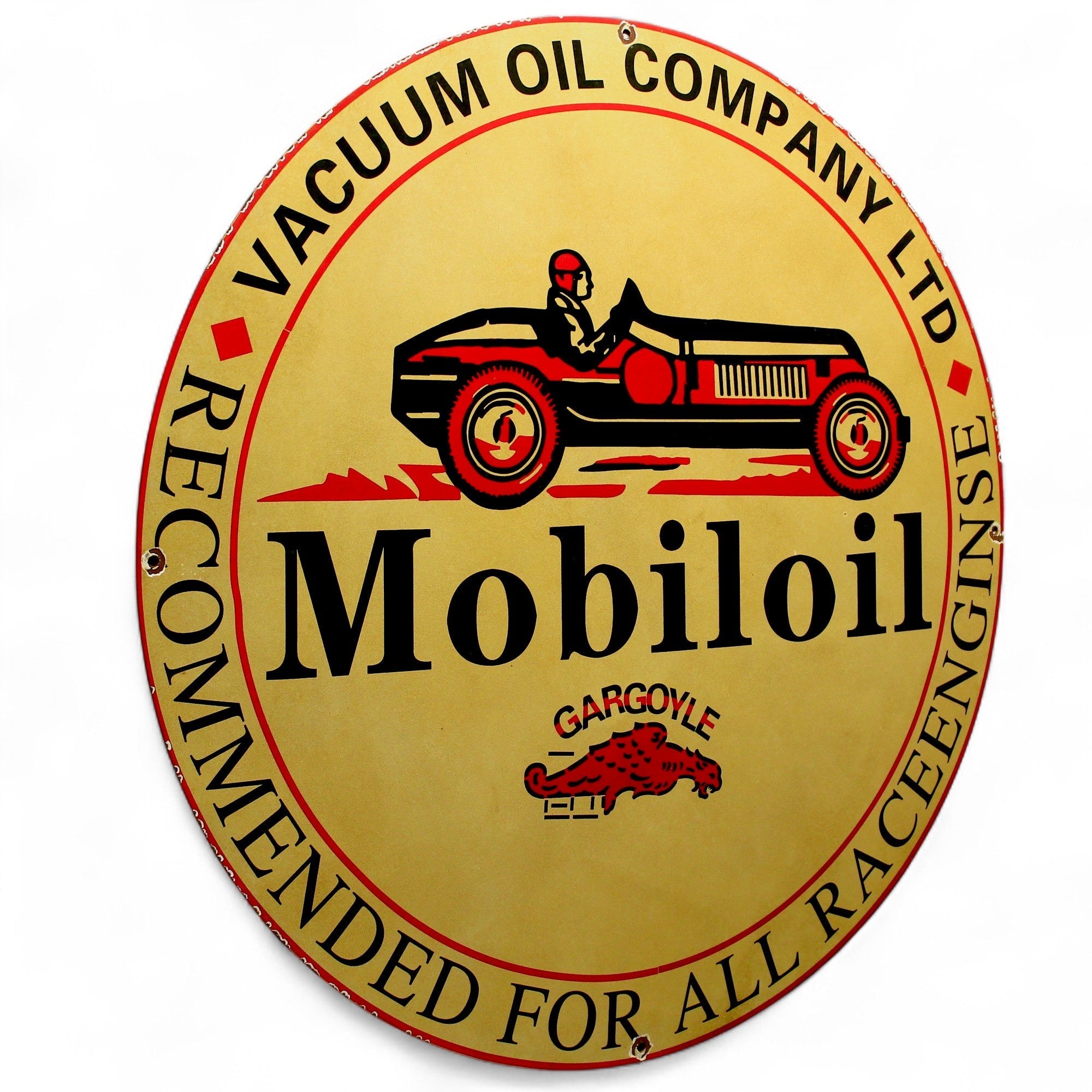 Gargoyle Mobiloil Race Engines Large Porcelain Enamel Sign | Large 30-Inch
