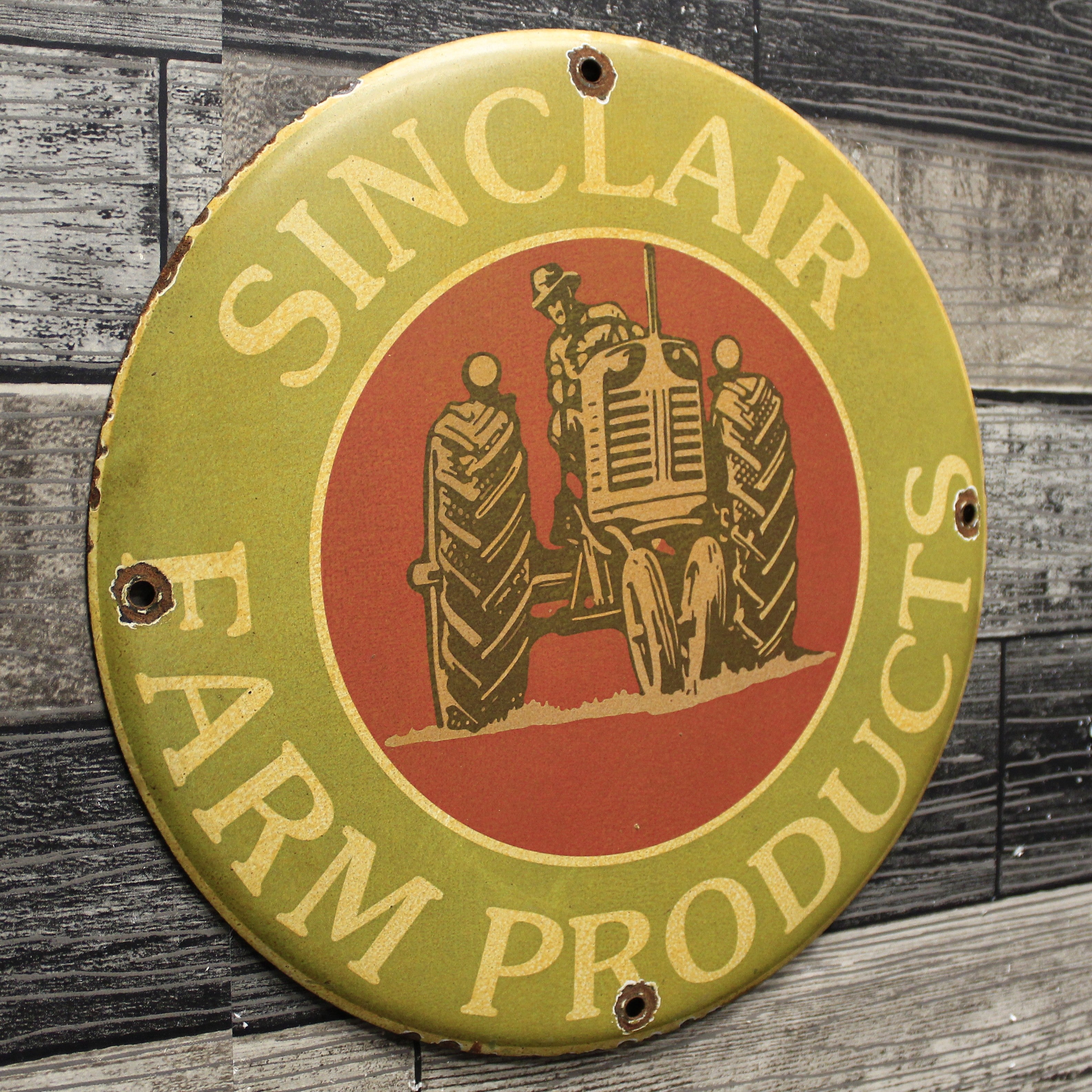Sinclair Farm Products Tractor Vintage Porcelain Enamel Sign (12in)