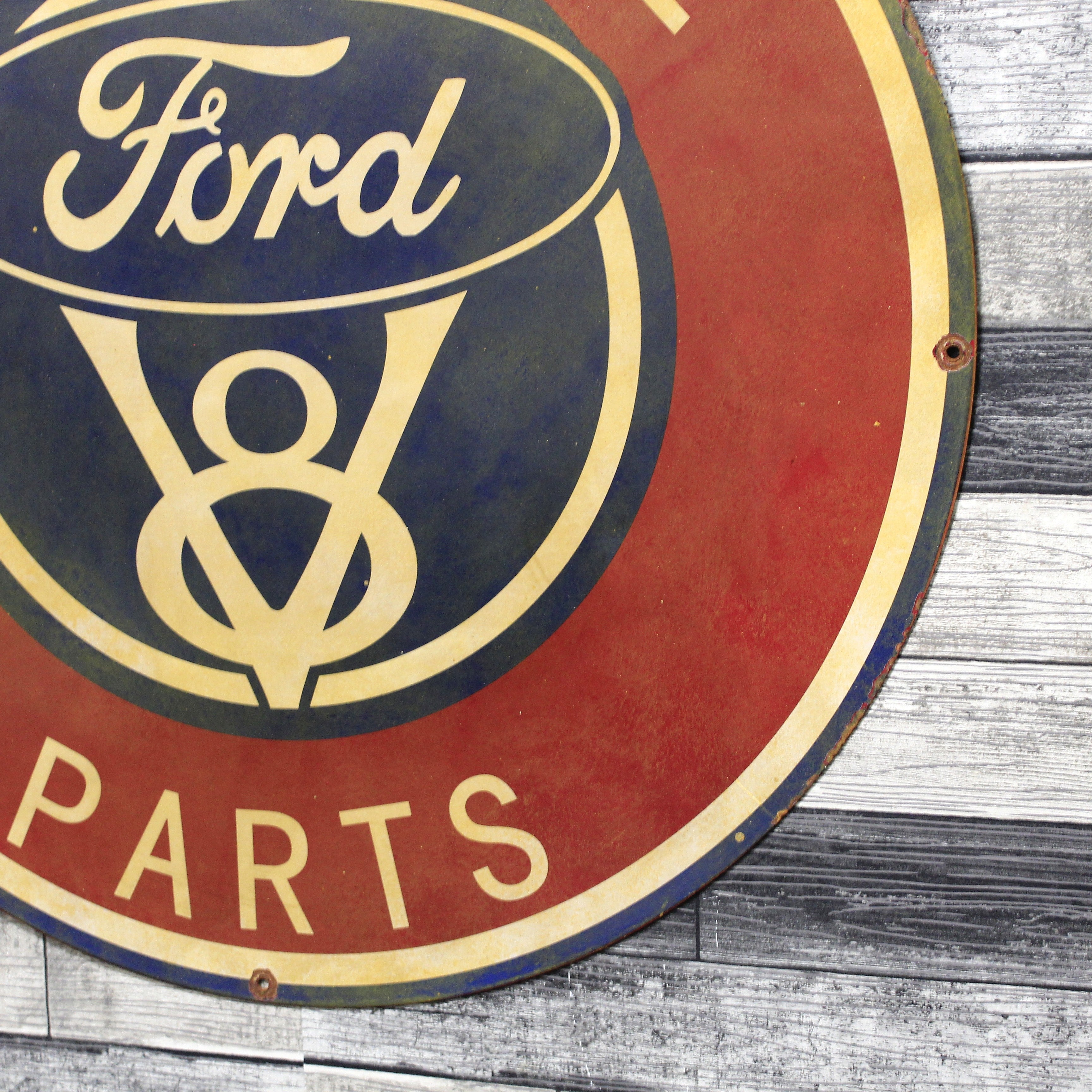 Ford V8 Parts Large 30-Inch Porcelain Vintage Automotive Enamel Car Sign