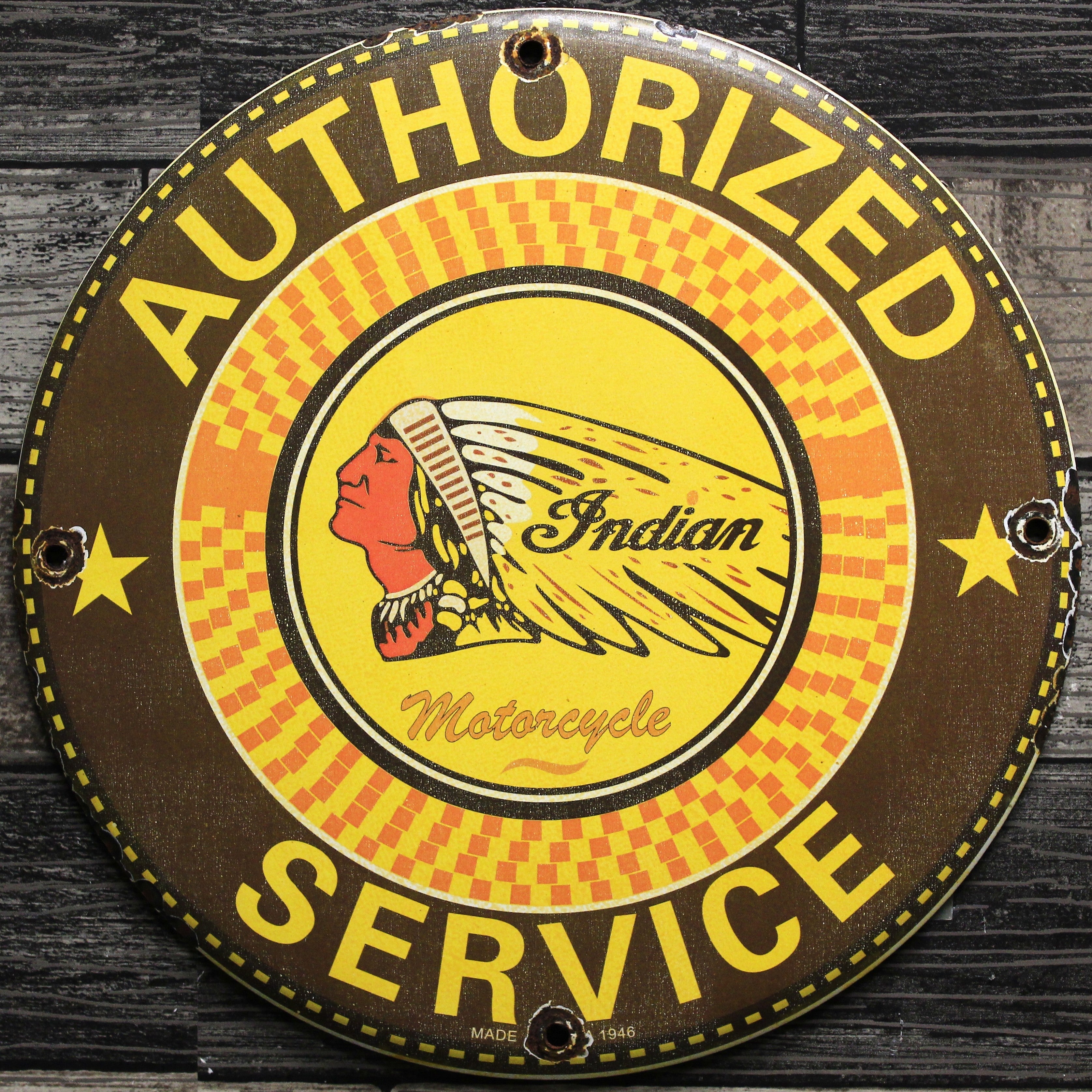 Indian Motorcycles 1946 Authorized Service Porcelain Enamel Sign (12in)