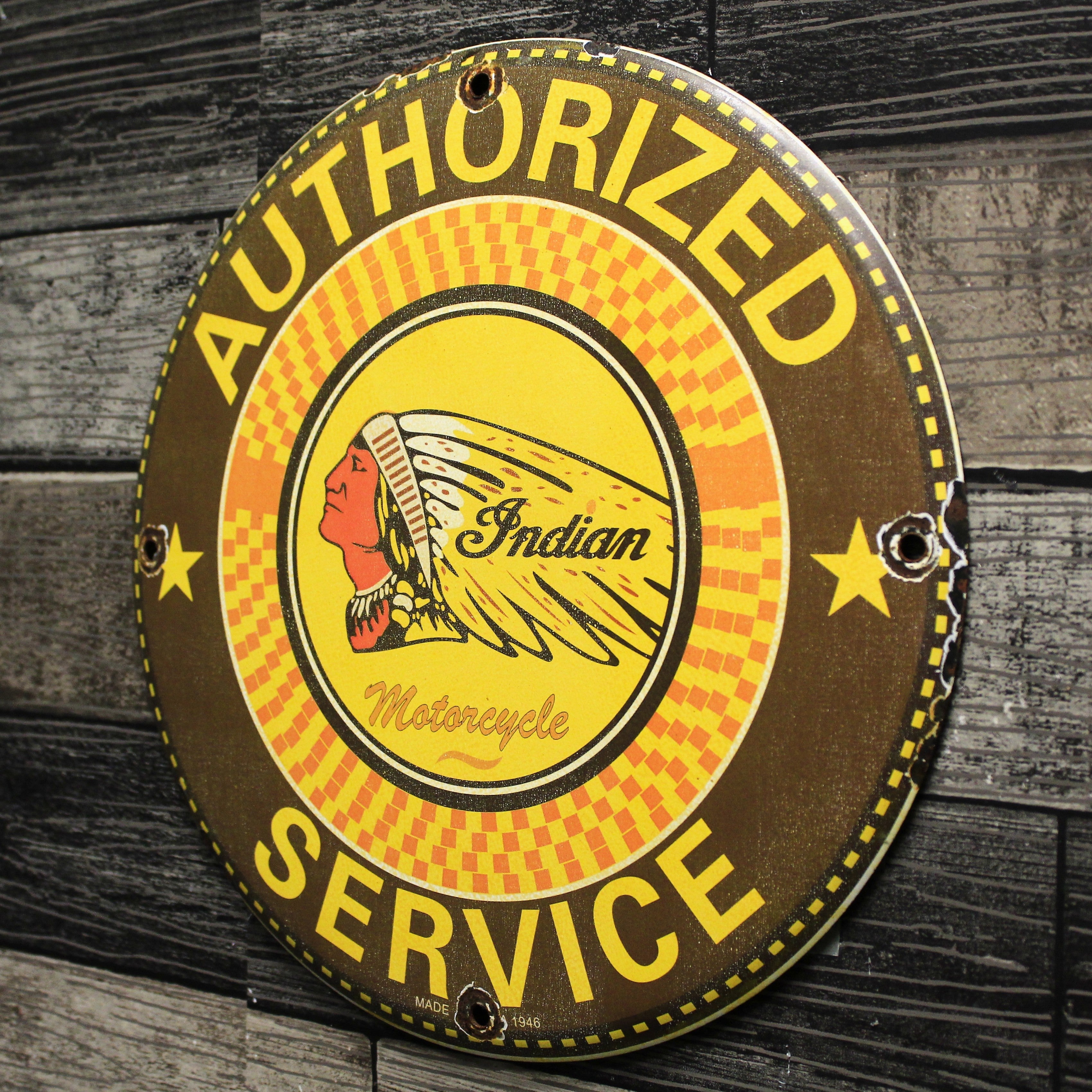 Indian Motorcycles 1946 Authorized Service Porcelain Enamel Sign (12in)
