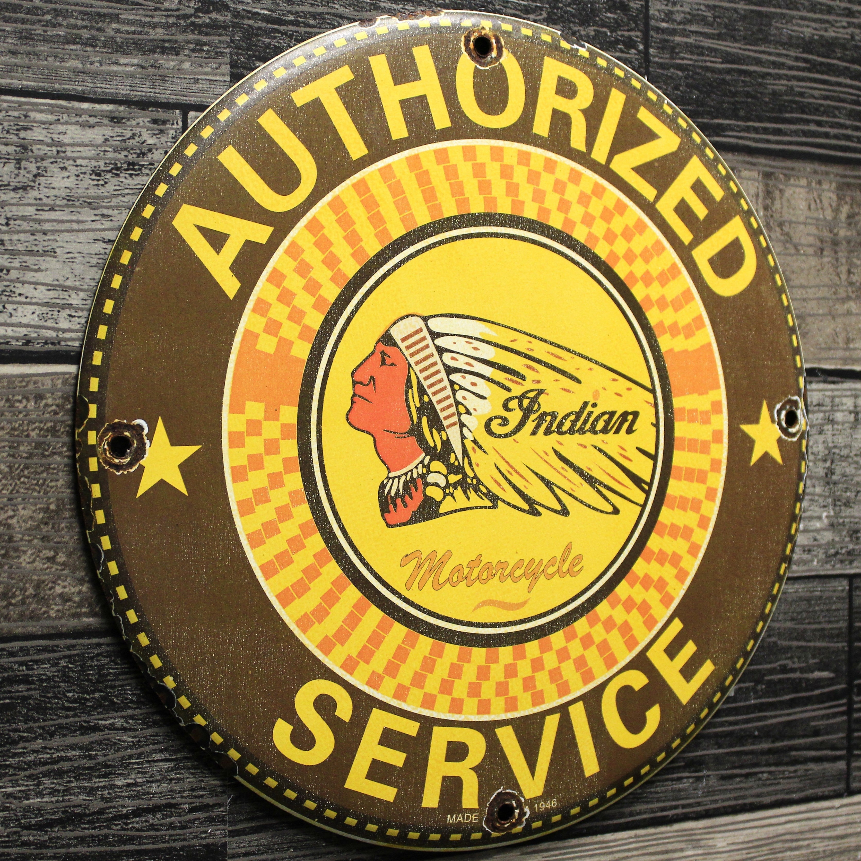 Indian Motorcycles 1946 Authorized Service Porcelain Enamel Sign (12in)