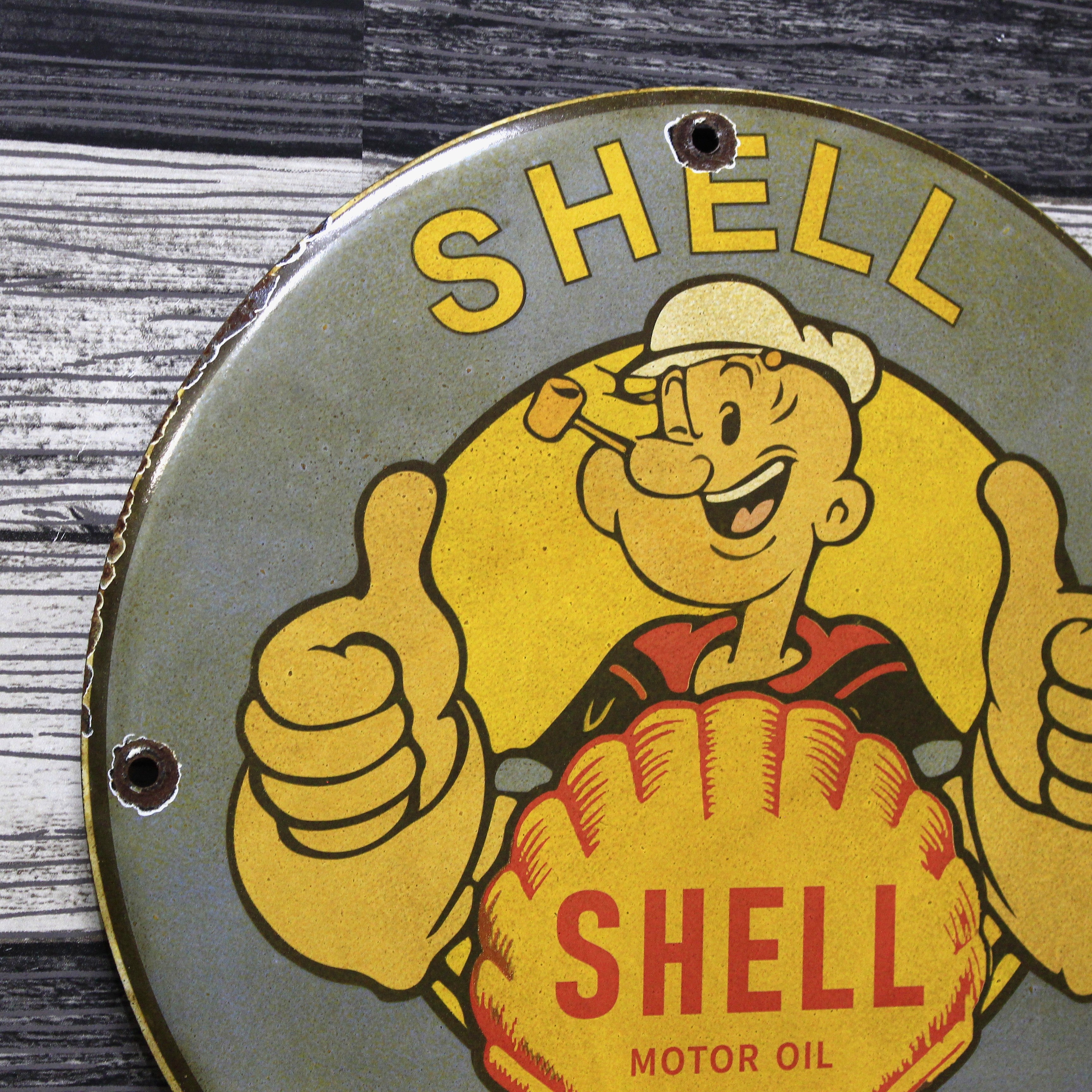Popeye Gives Shell Two Thumbs Up Porcelain Enamel Sign (12in)