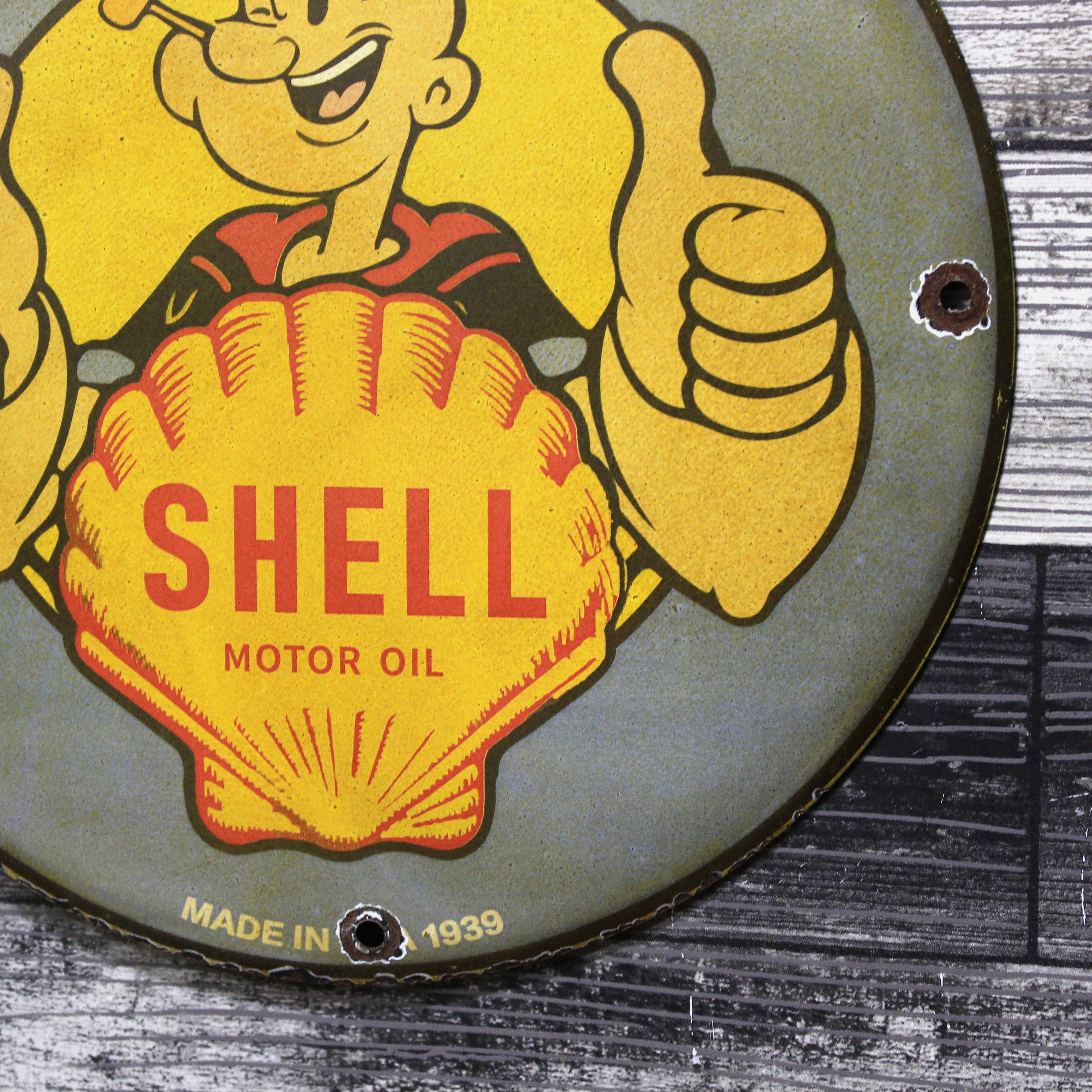 Popeye Gives Shell Two Thumbs Up Porcelain Enamel Sign (12in)