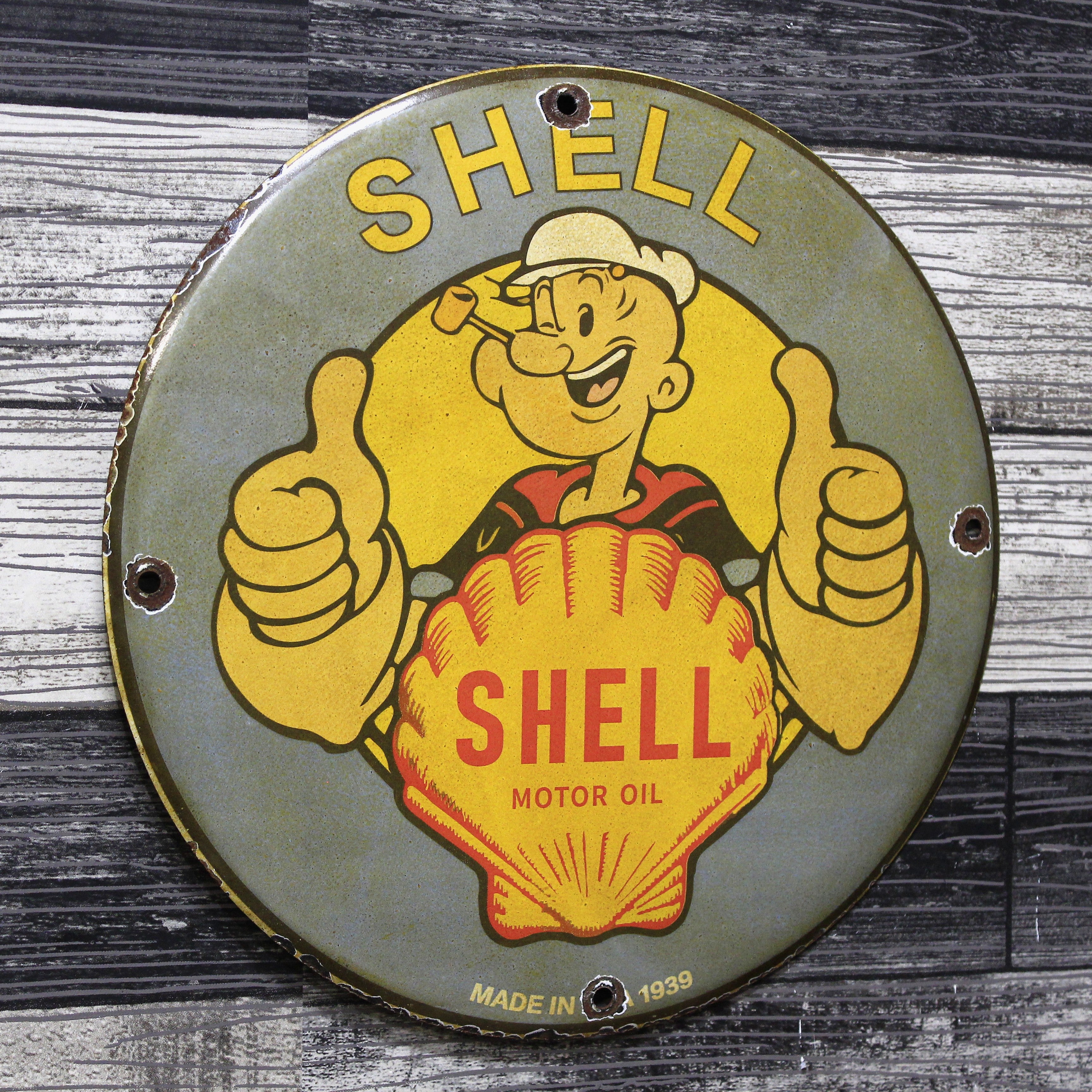 Popeye Gives Shell Two Thumbs Up Porcelain Enamel Sign (12in)