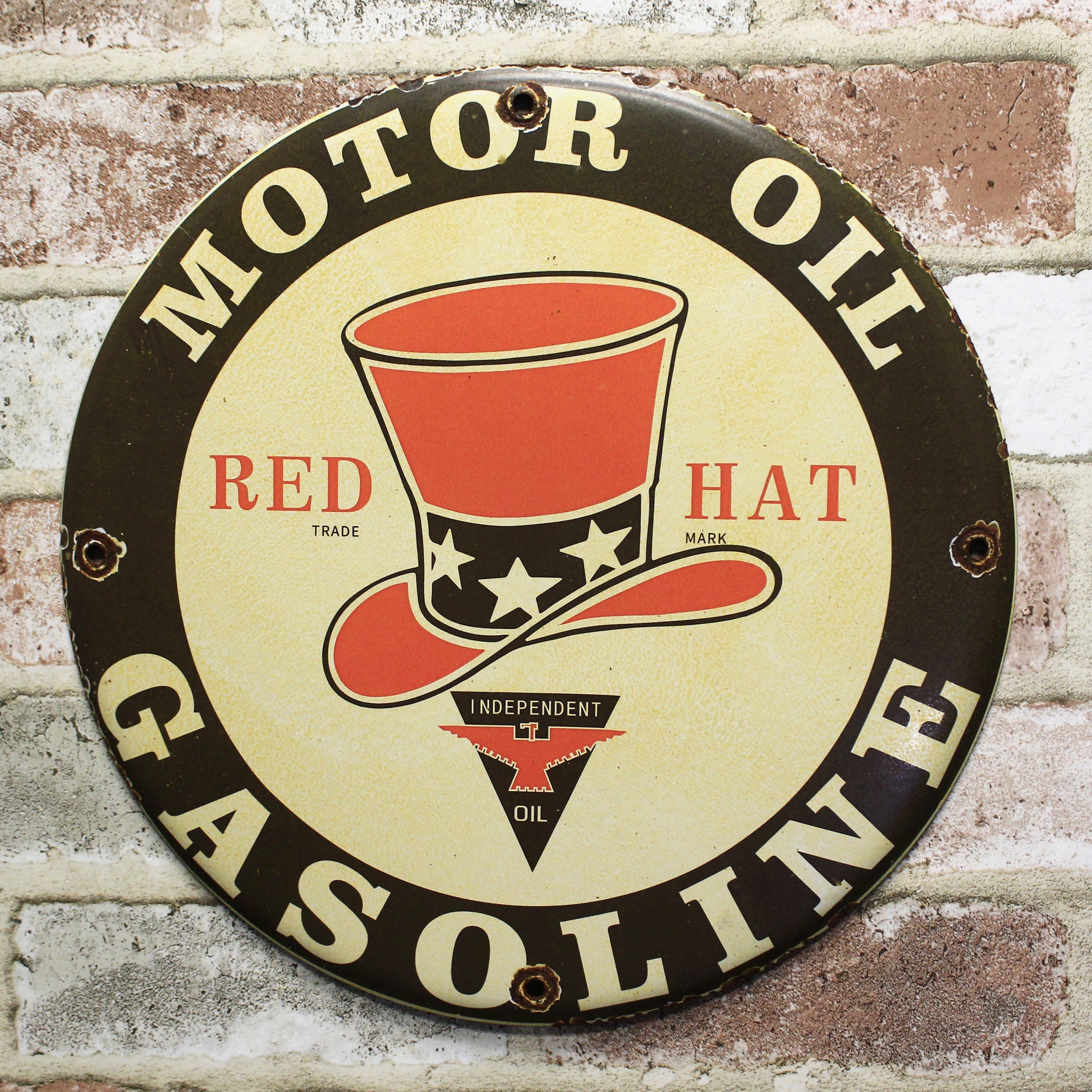 Red Hat Motor Oil Gasoline Porcelain Enamel Sign (12in)