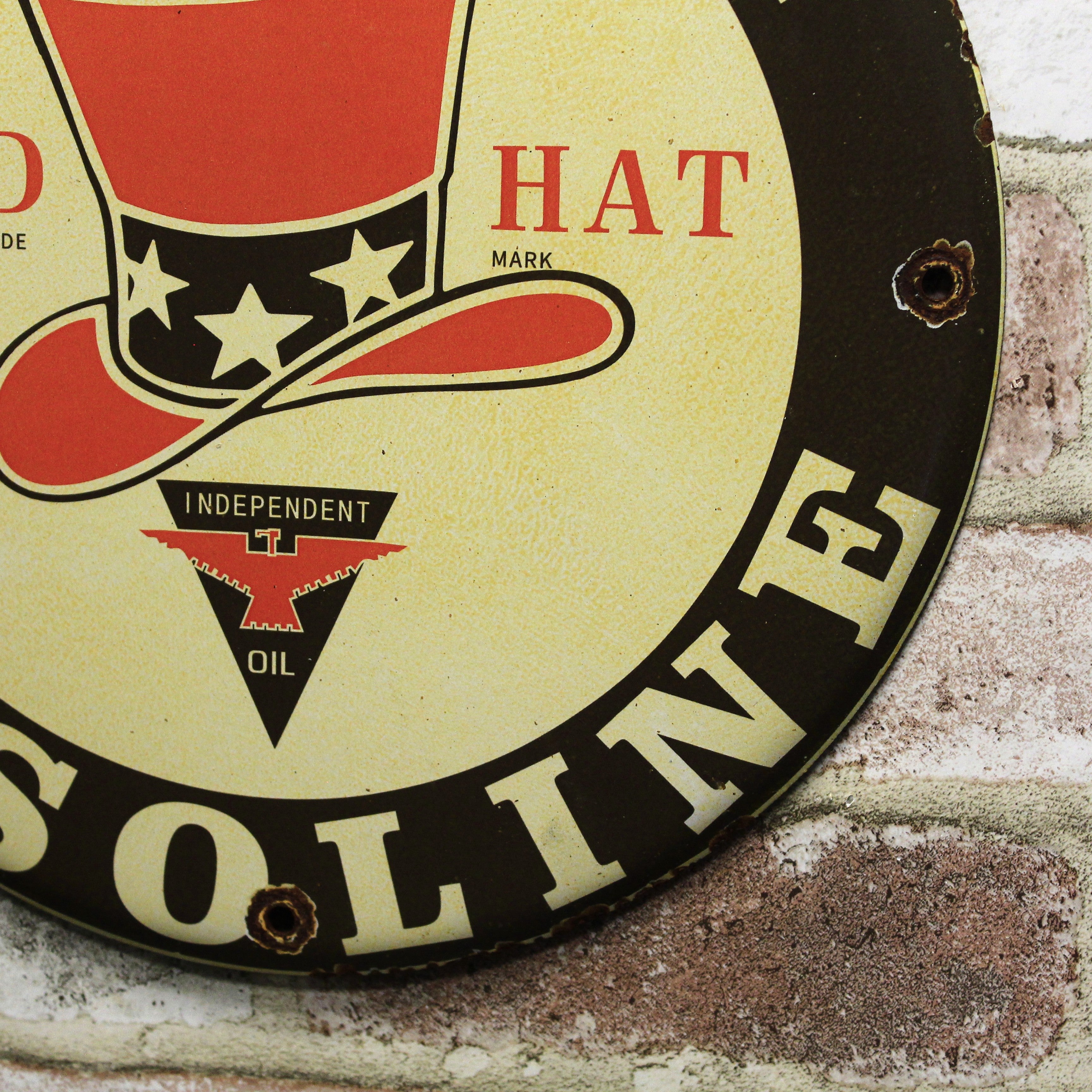 Red Hat Motor Oil Gasoline Porcelain Enamel Sign (12in)