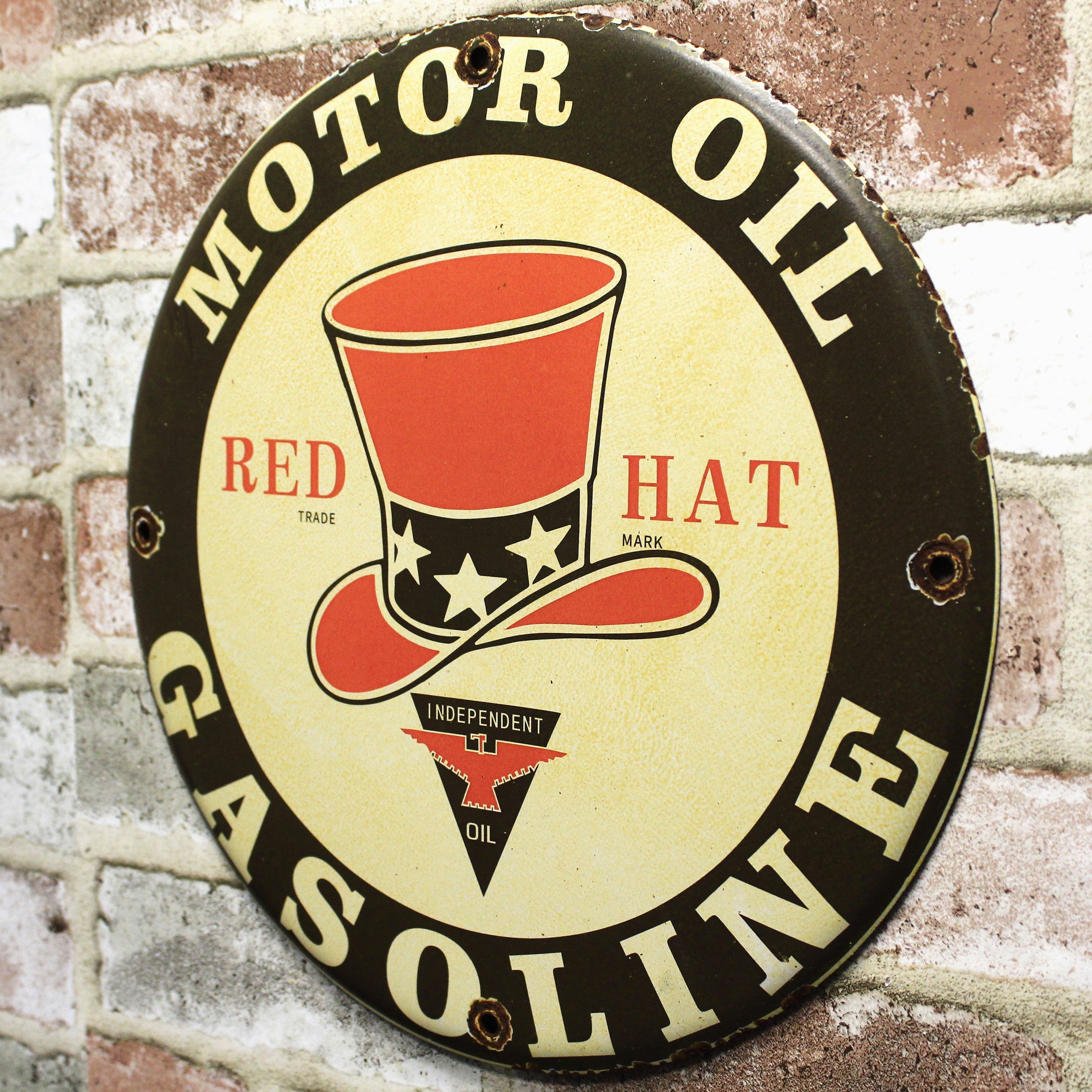 Red Hat Motor Oil Gasoline Porcelain Enamel Sign (12in)