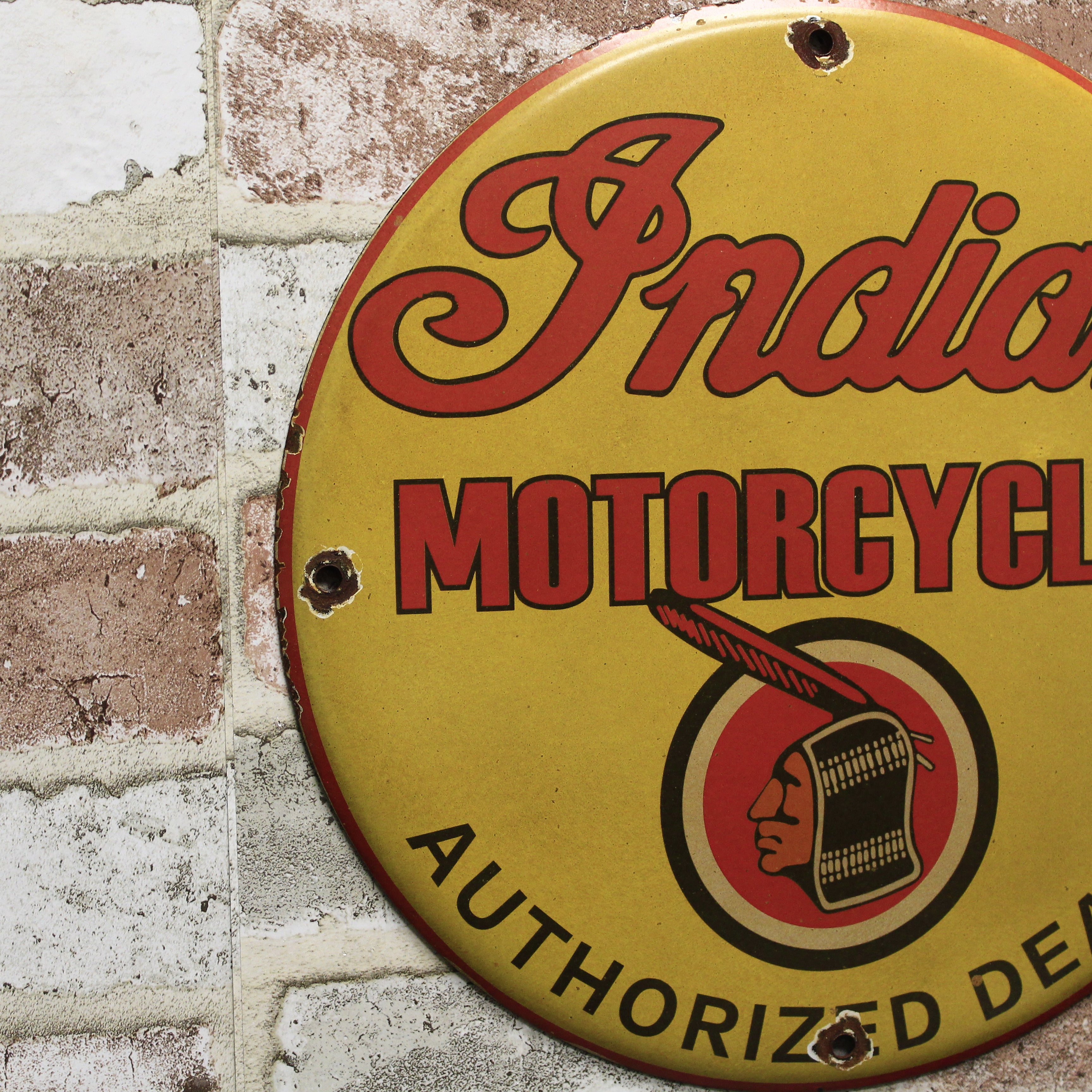 Indian Motorcycles Authorized Dealer Vintage Porcelain Enamel Sign (12in)