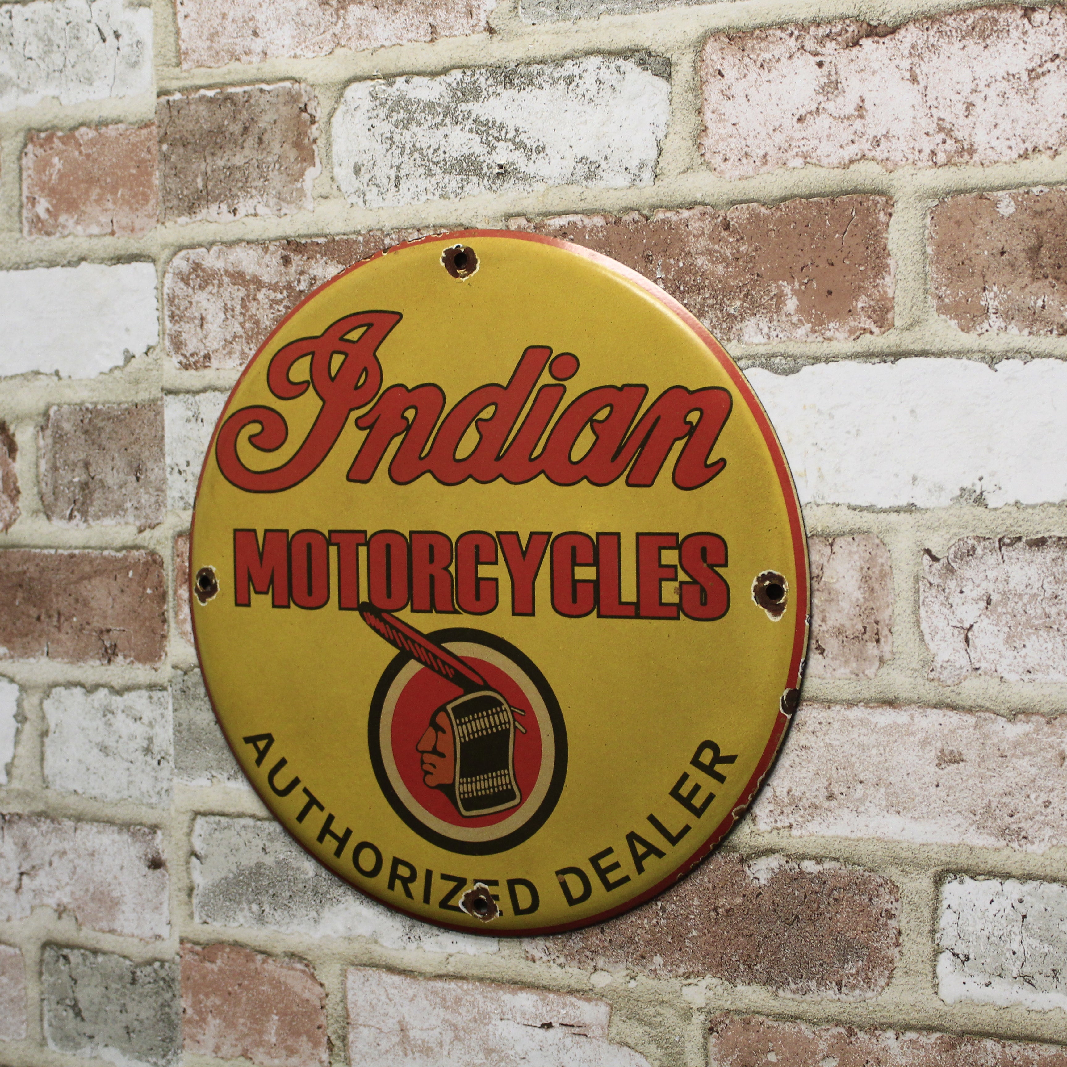 Indian Motorcycles Authorized Dealer Vintage Porcelain Enamel Sign (12in)