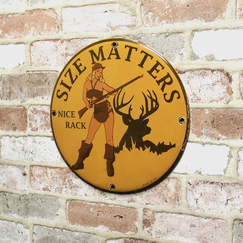 Size Matters Nice Rack Porcelain Enamel Sign (12in)